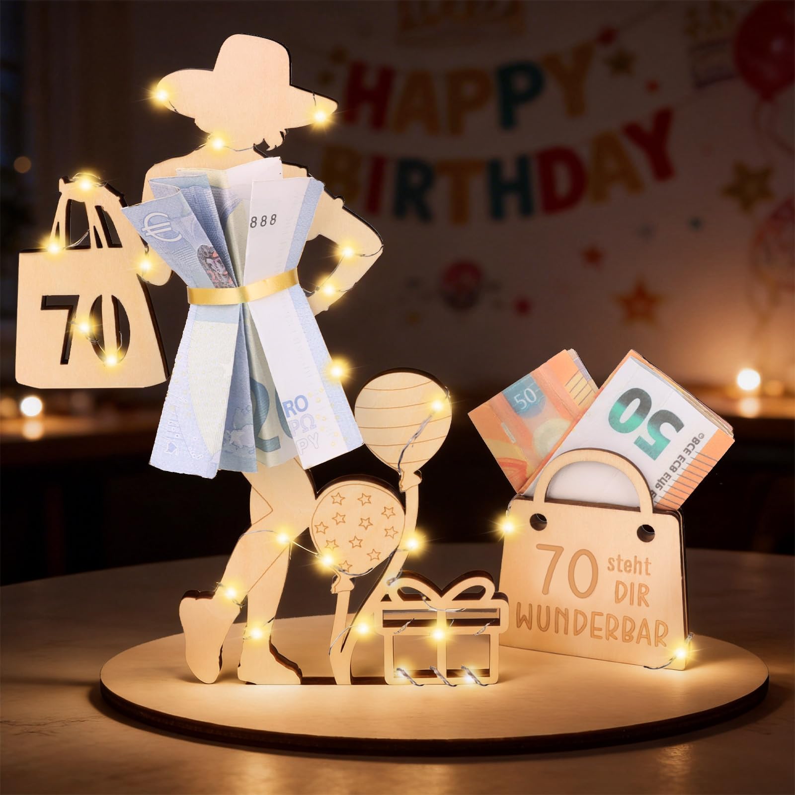 Anruzon Geldgeschenke Geburtstag 70 Geburtstag Frau, mit LED Lichterkette Ständer, Holz-Schild Gästebuch, 70.Geburtstag Frau Deko, Personalisierbares Geschenk, Hochzeit Tischdeko Jubiläum