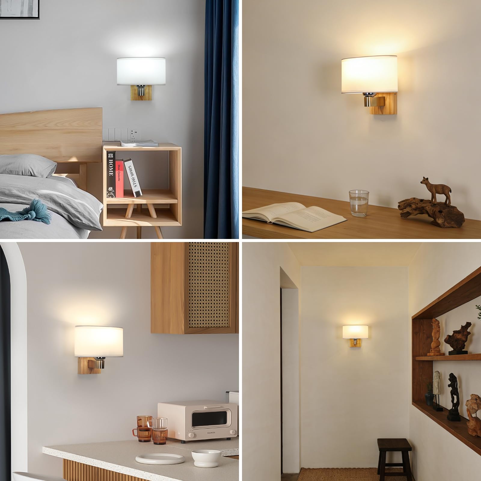 E27 Applique da Parete Interno Legno con Ovale Paralume di Tessuto