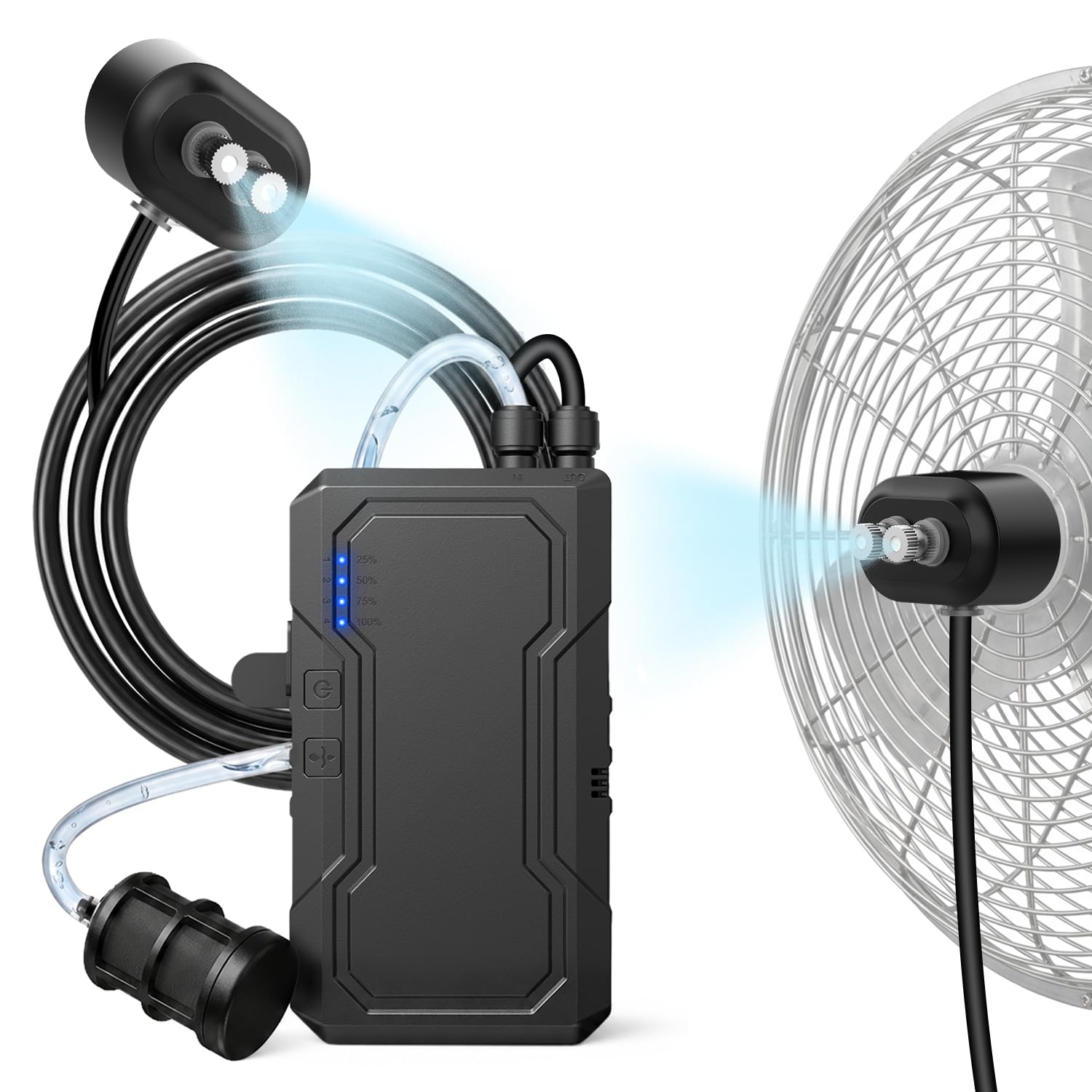 Système de brumisation portable avec pompe à eau, brumisateur extérieur 6000 mAh pour terrasse extérieure, brumisateur magnétique de refroidissement à eau pour patio, ventilateur industriel, auvent