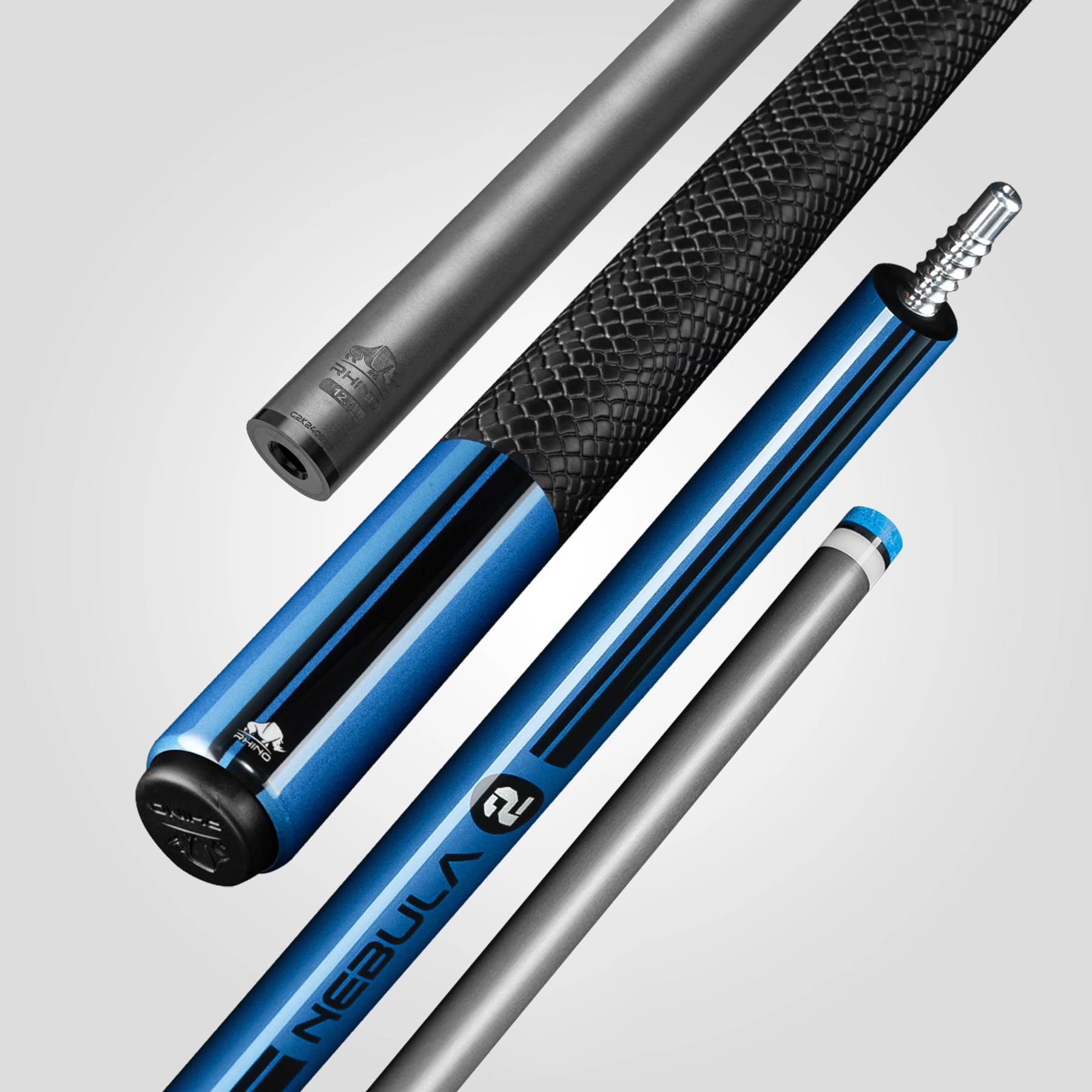 RHINO Nebula 2 Pool Cue – Premium Carbon Fiber Shaft & Composite Butt. Time Crystal Tip, Pro Taper Design. 3/8-8 Joint, Sport Wrap. Low Deflection Pool Cue (Sky Blue, 12.4 mm)