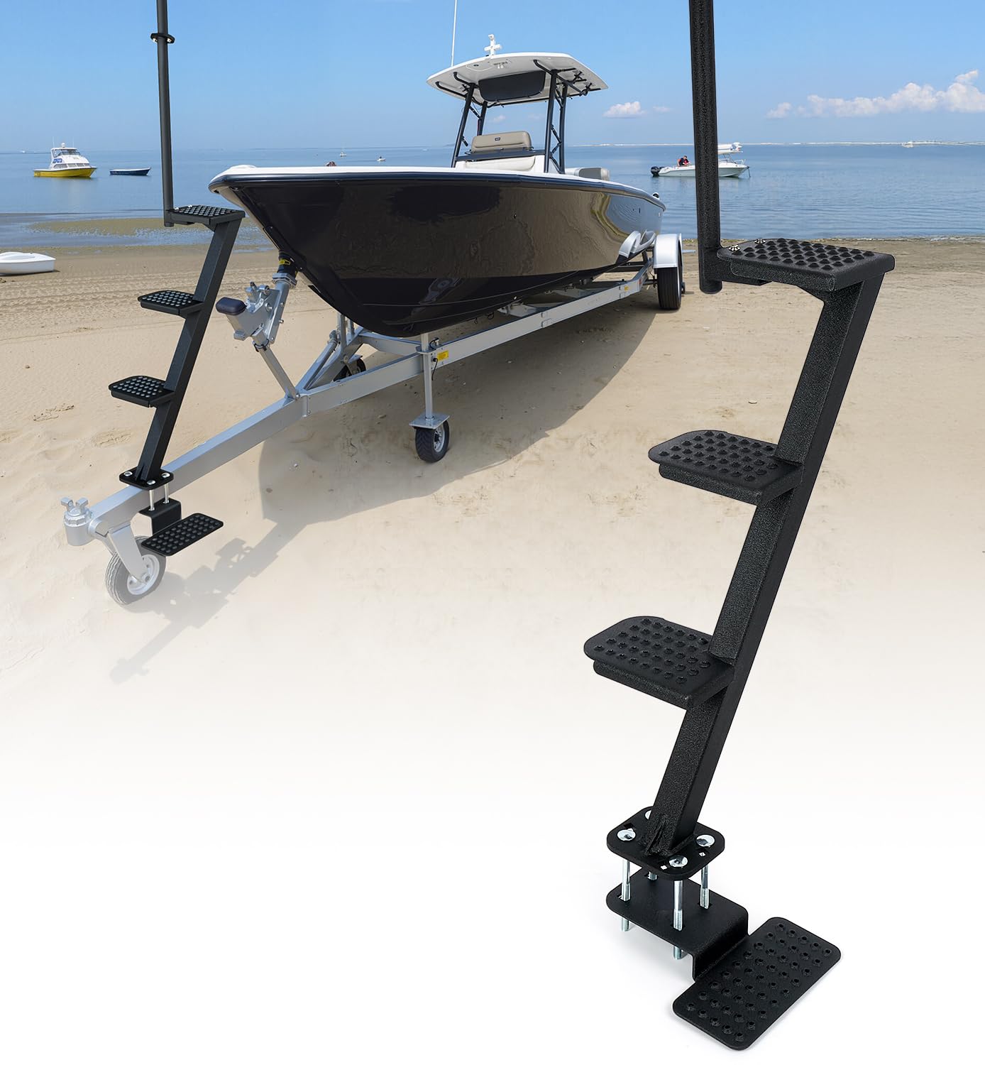 Heavy-Duty Boat Trailer Steps with Safety Grab Handle, Non-Slip Surface, Trailers Tongue Step Compatible with Most Deep V, Patent Pending, 4 Steps