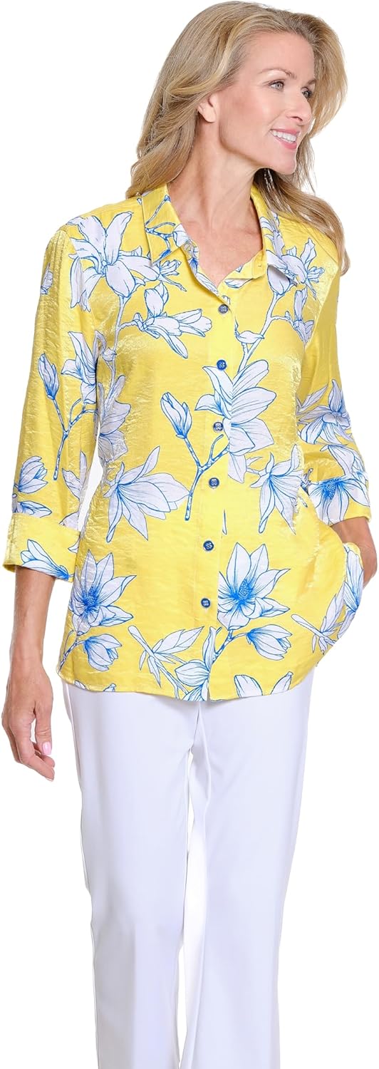 MULTIPLES Women's Roll Tab Long Sleeves 1-Pocket Button Front Shirt