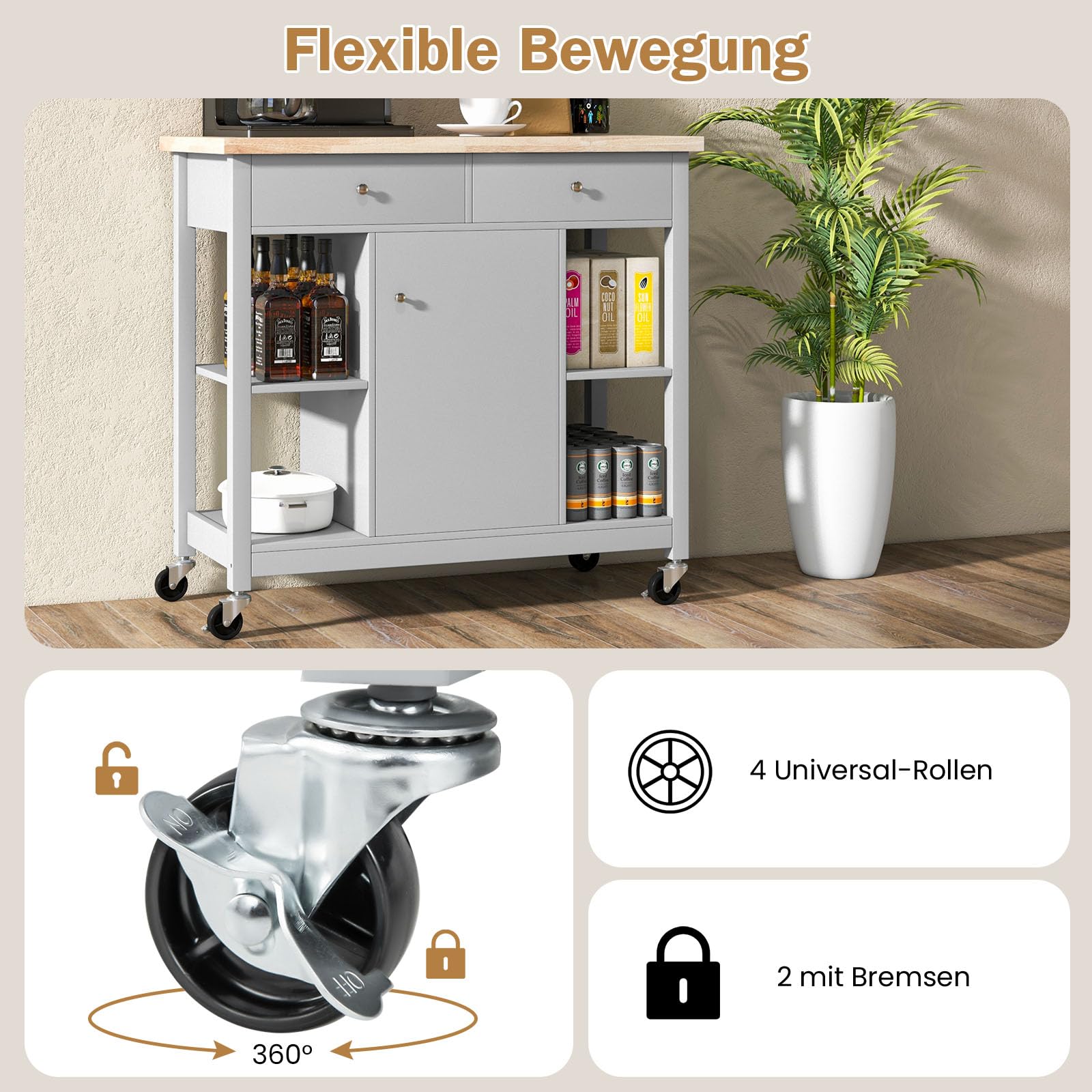 Relaxdays Küchenwagen Mobil - 114x39,5x90 Cm, 4 Räder, Aus Metall/Kunststoff, 1 Jahr Garantie