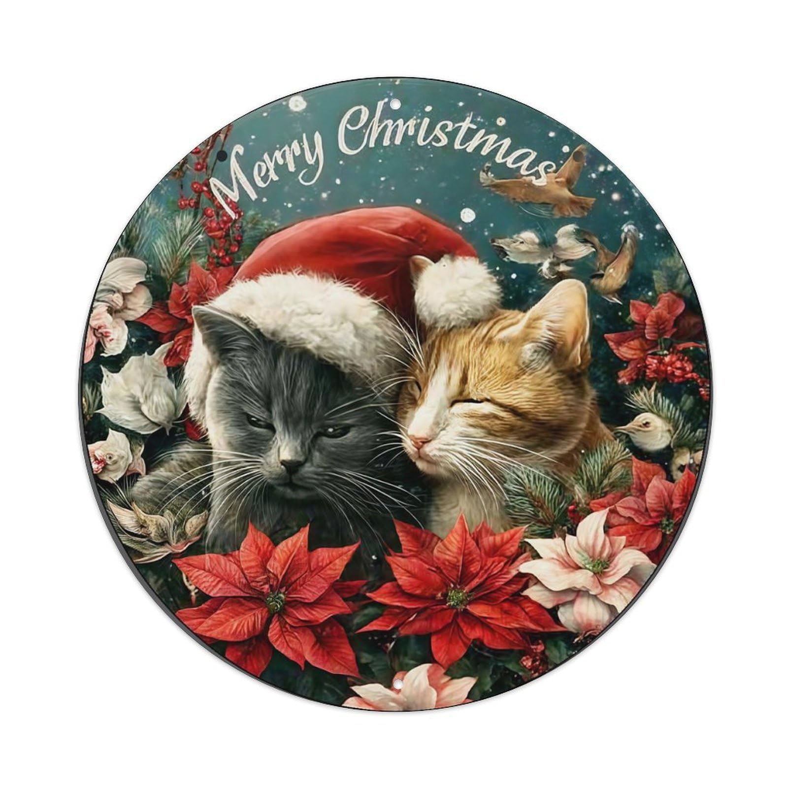 Christmas Cats Poinsettias Birds Snow Round Tin Sign Retro Metal Sign for Cafe Bar Pub Home Game Room Gym Club Wall Decoration Vintage Metal Poster 8x8 Inch