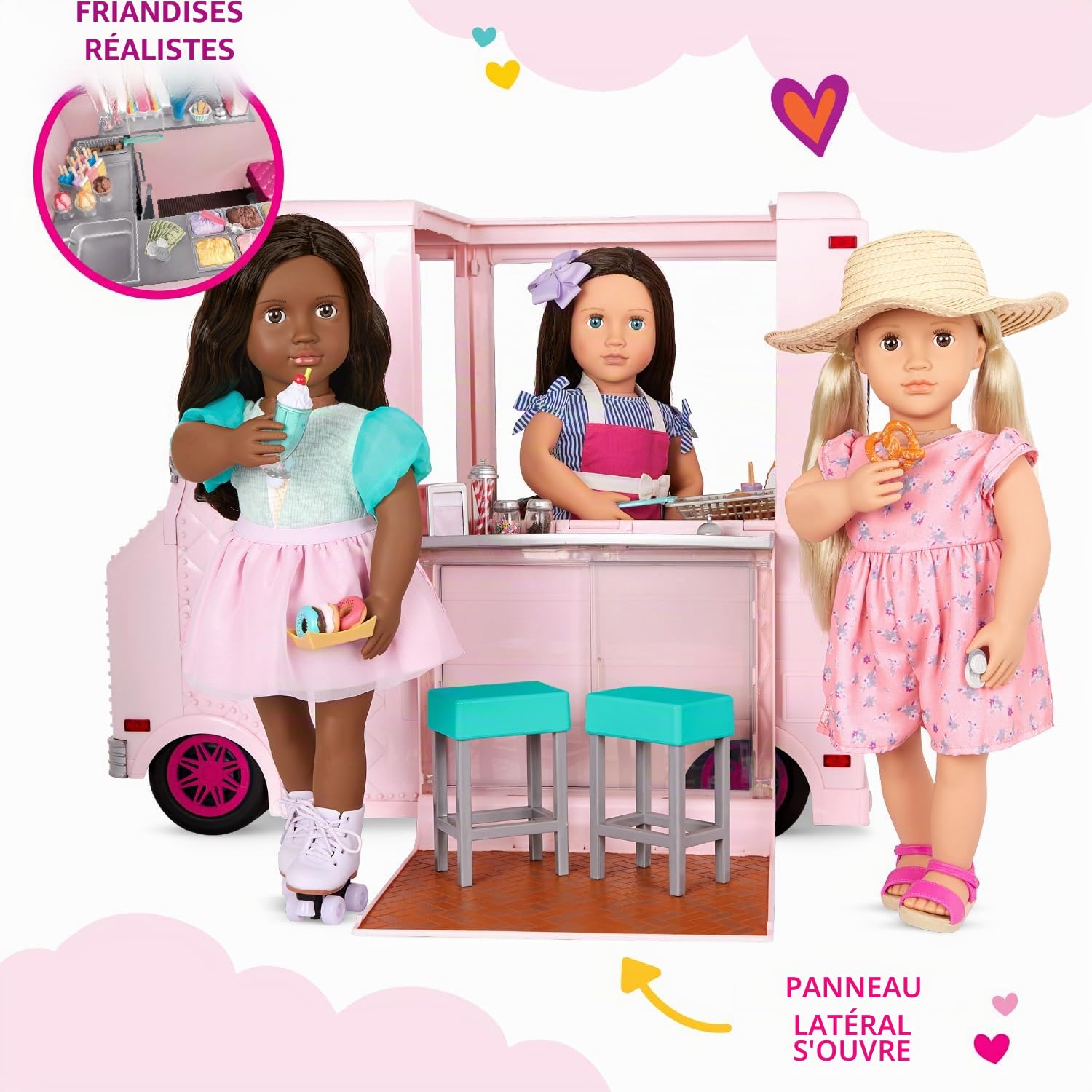 Our Generation Sweet Stop, Camion à Glace Rose pour poupées de 46 cm | Camion à glace rose avec tableau à craie, lumières, essuie-glace et 3 chansons; comprend 128 pièces au total; 3 ans et +
