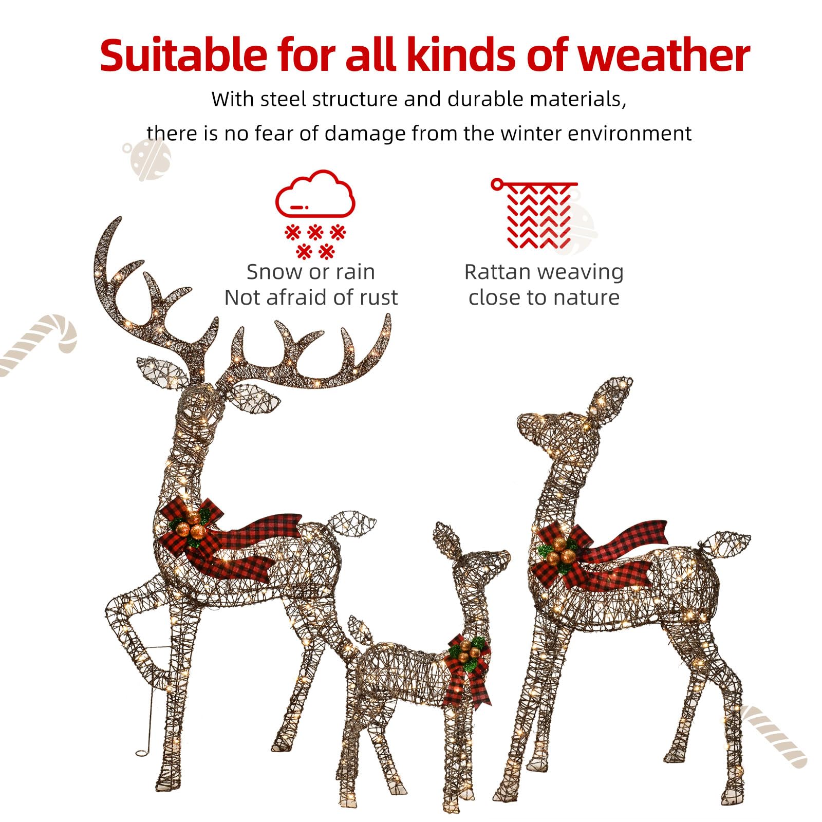 Lot de 3 décorations de Noël d'extérieur en rotin - Cerf lumineux en rotin avec 210 LED - Kit de décoration de cour extérieure avec 3 cerfs lumineux - Marron