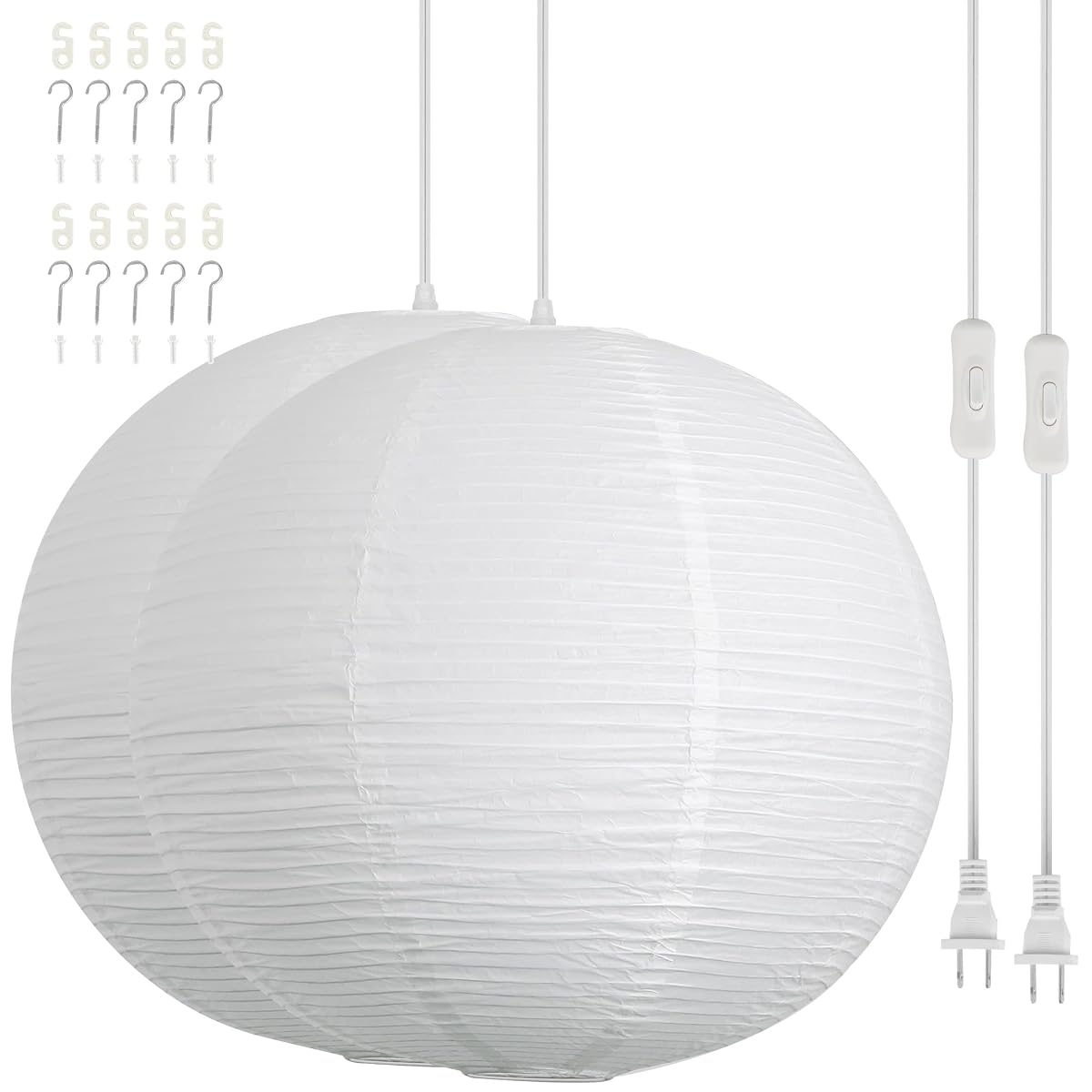 Fivemengo Paper Lantern Lamp Plug in Hanging Lamp 23.6in White Rice Paper