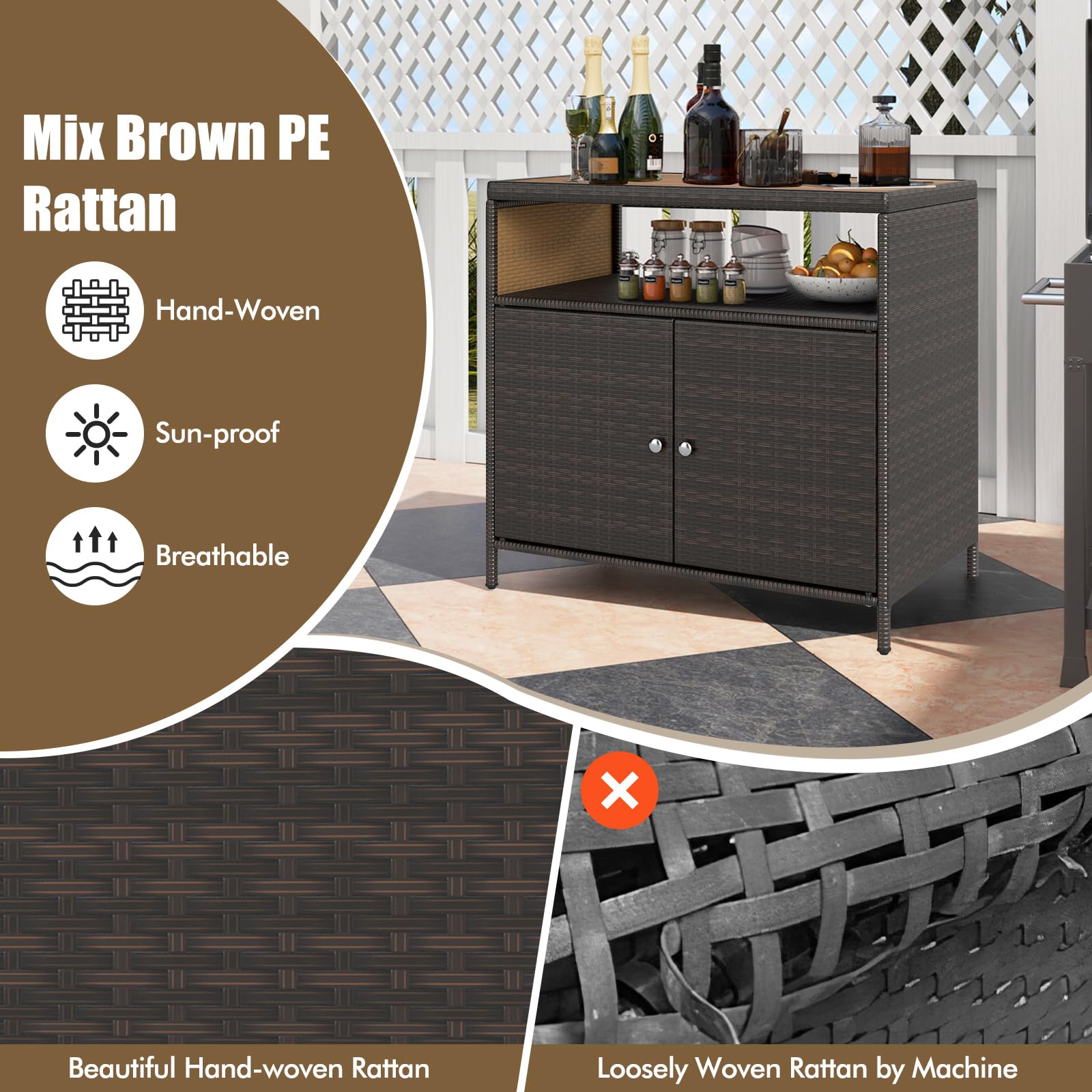 LIFEZEAL Gartenschrank Rattan, Aufbewahrungsschrank mit Akazienholzoberfläche, 90 x 53 x 86 cm, Braun