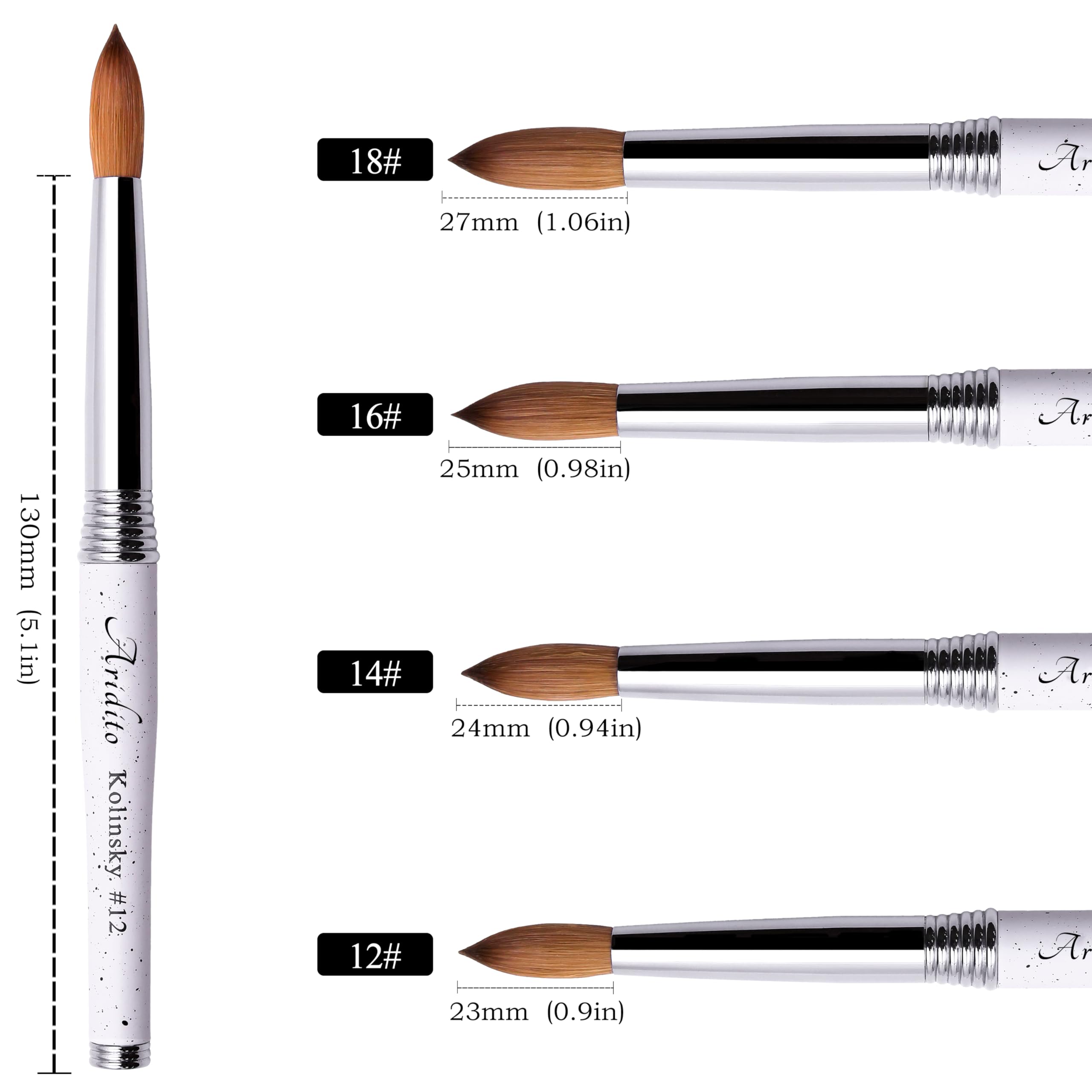 Kolinsky - Pincel acrílico de cabeza redonda 100 % puro, mango de metal blanco para manicura profesional, salón en casa (#8#10#12#14#16#18) (Blanco, #16)