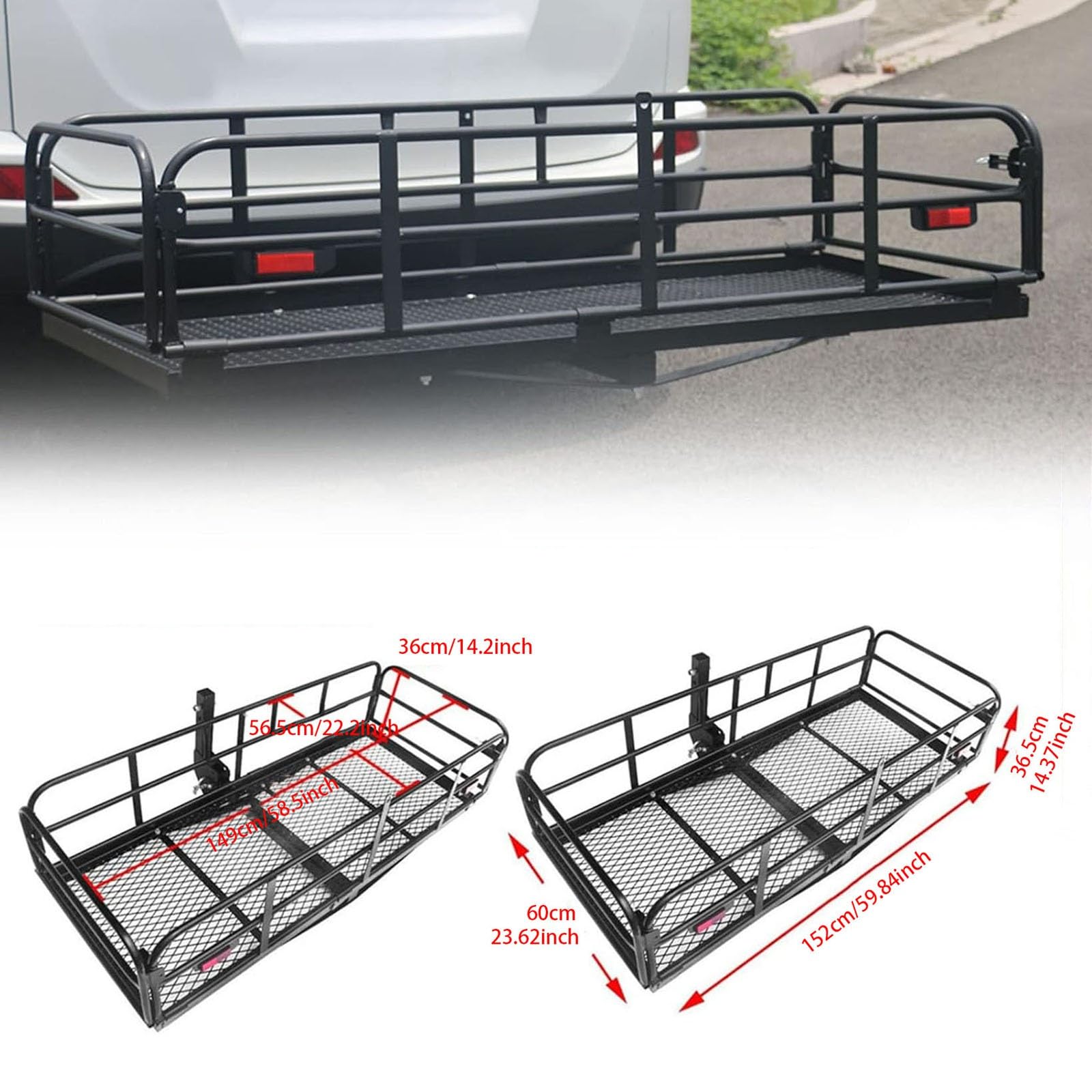 Transportador de carga de enganche resistente de 500lb, cesta de acero plegable de 60x24 pulgadas con lados y reflectores elevados para SUV Truck.Transporte seguro equipo de camping de equipaje en rem