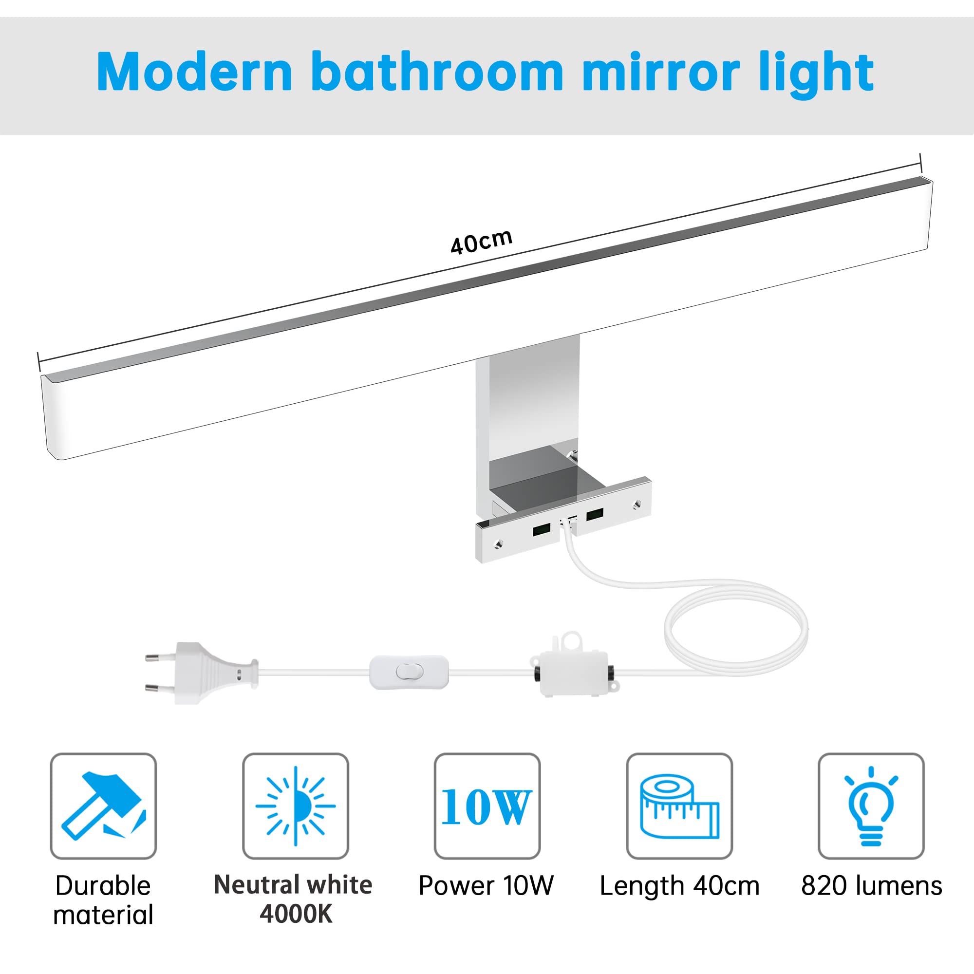 Aourow Lampada Specchio Bagno 10W,400mm 820lm Luce Specchio Bagno LED con Interruttore a Filo,Bianco Neutro 4000k e Resistente all'acqua IP44 Luci Specchio Bagno per Armadietto a Specchio