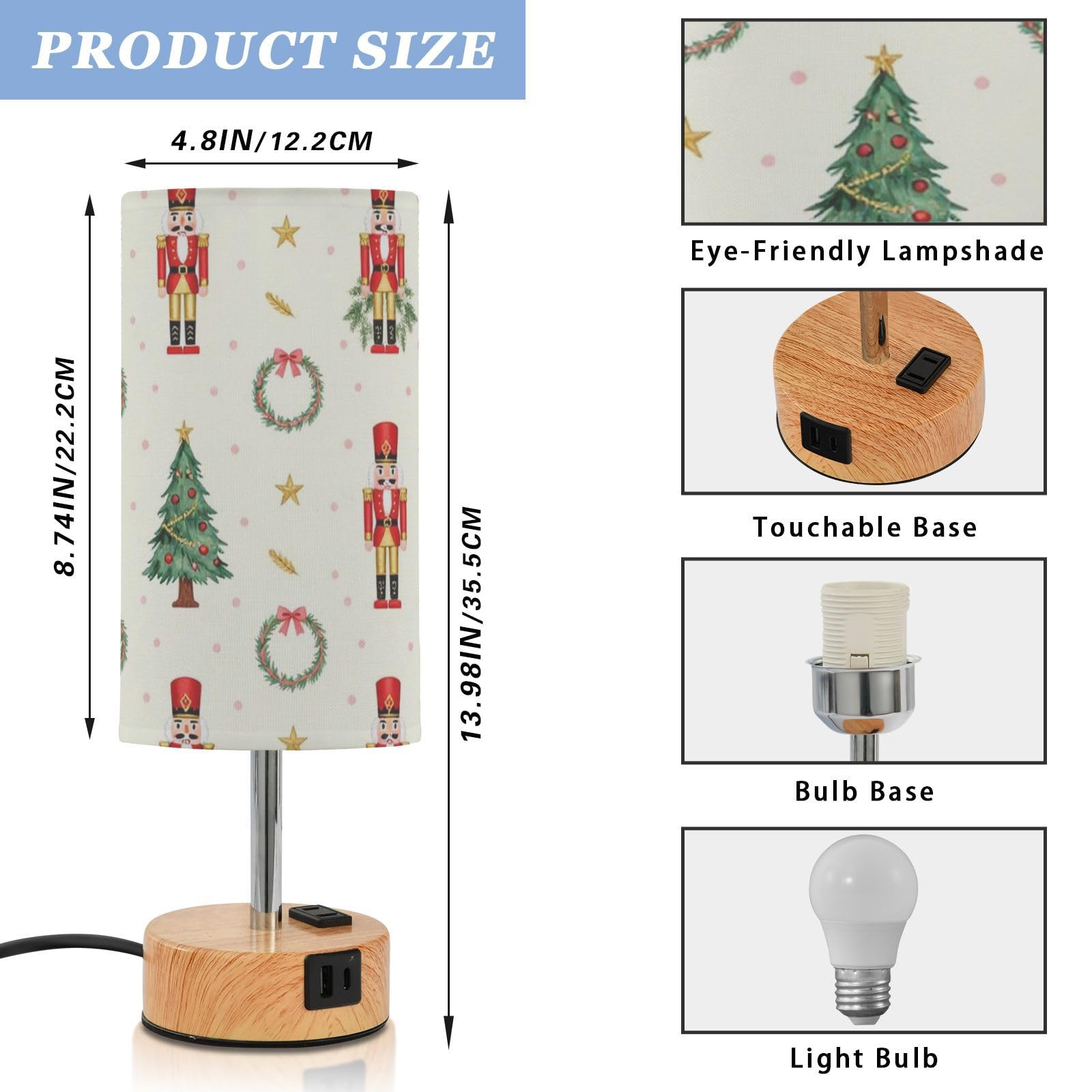 Yuiboo Lampa stołowa z portami USB C+A, lampa biurkowa do nauki czytania