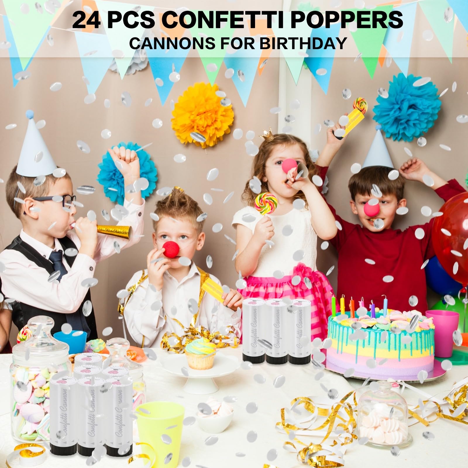 Konfettikanone 24 Stück kleine silberne Konfetti-Popper, ideal für Hochzeiten, Geburtstage, Abschlussfeiern, Babypartys, Silvesterpartys, lustige Party-Dekorationen
