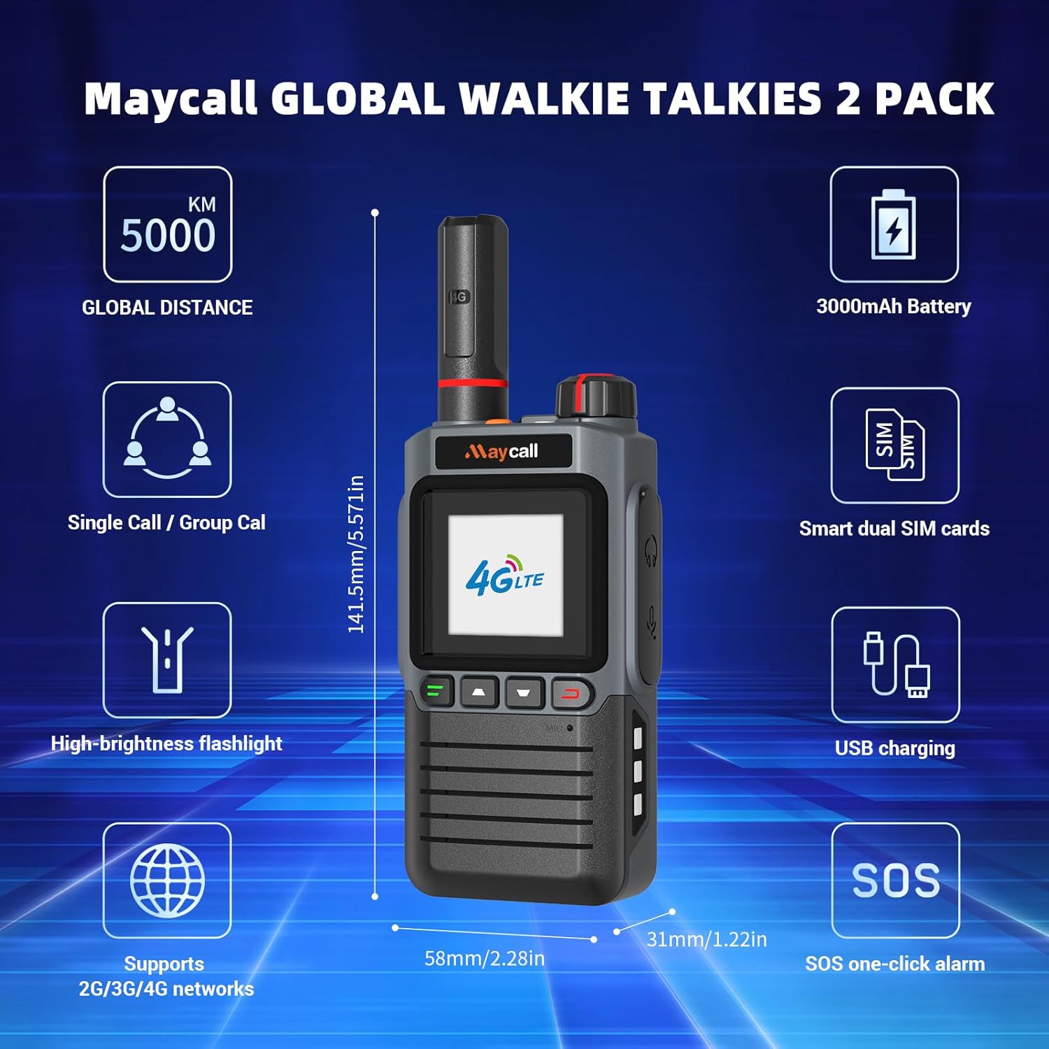 Lifetime Free Globa Talkies with SIM Cards Long Range Walkie Talkies 4G LTE POC Radio Dual SIM 3000 Mile Range Walkie Talkie 3000mAh Battery with Flashlight (MC-368)