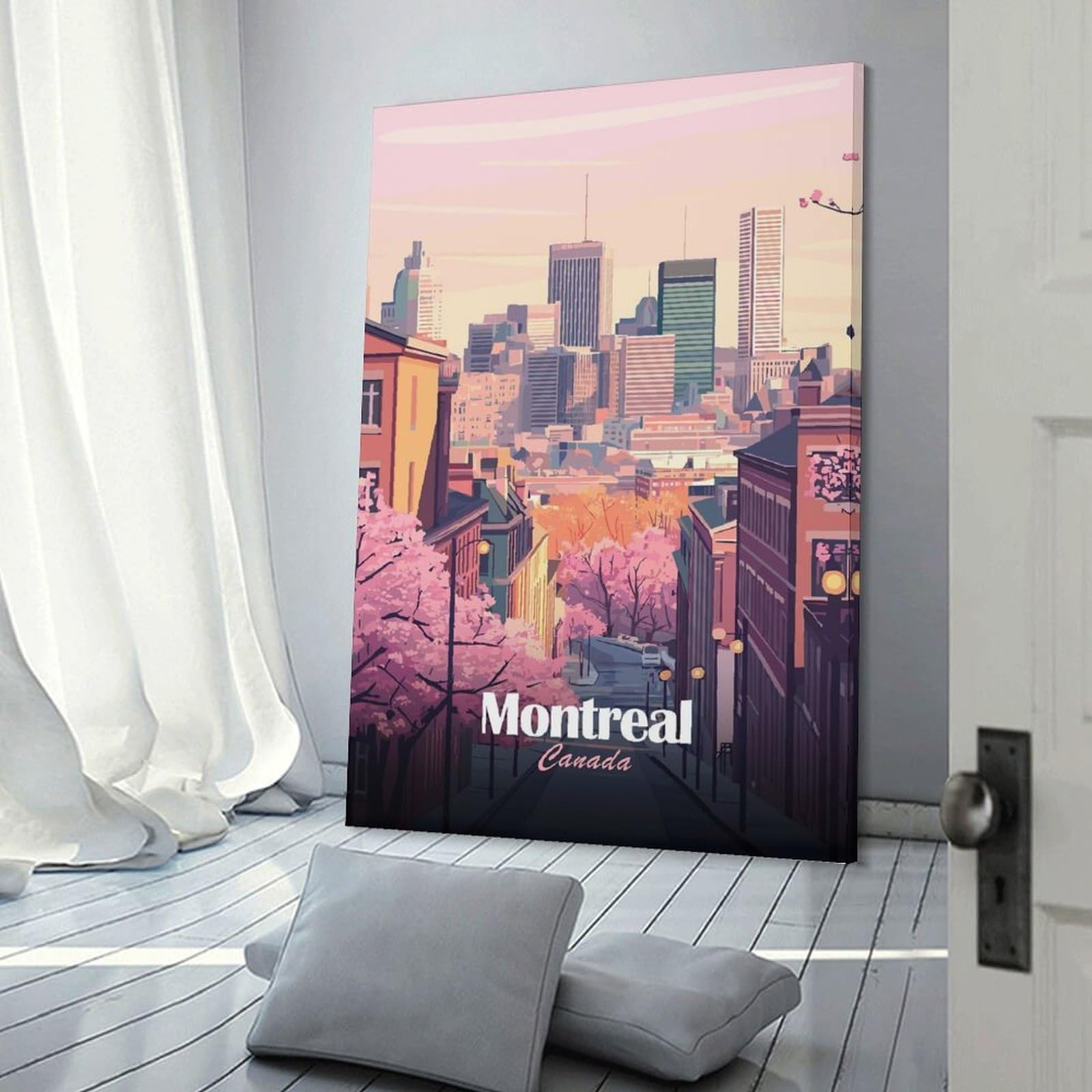 Junmoney Montreal Canada Cityscape with Cherry Blossoms Room Decor Wall Art, 16x24inch(40x60cm), for Entrance Walls, Hall Decor Or Foyers, A Neat Decor Update for Hallways
