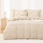 Wake In Cloud - Striped Cotton Duvet Cover Set, Ticking Stripe Vertical Pinstripe Farmhouse, 100% Washed Cotton Bed Bedding Set with Zipper Closure, 3 Pieces, White, Queen Size