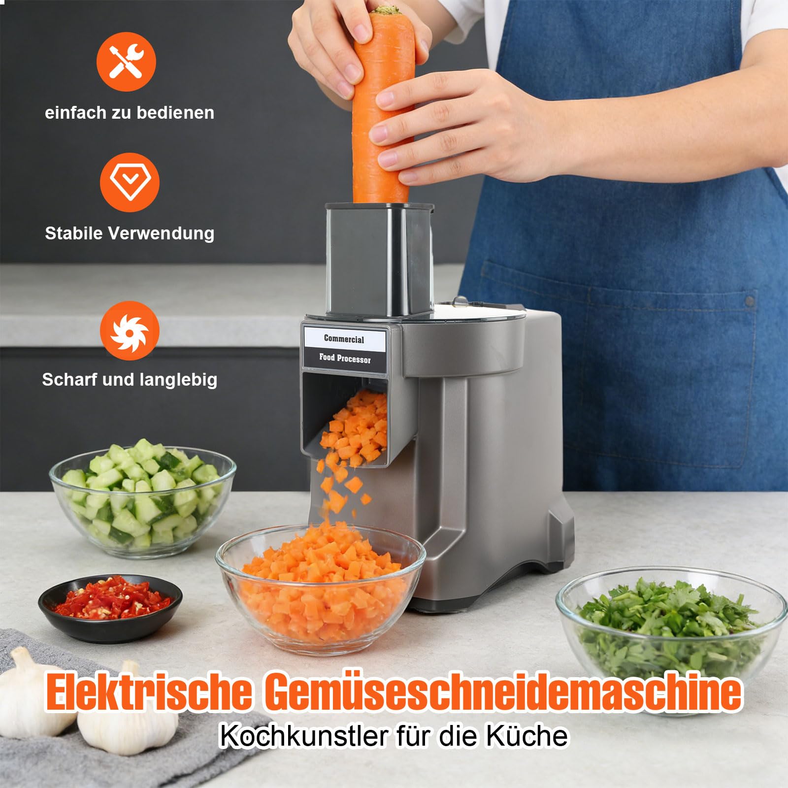 100W 3-in-1 Gemüseschneidmaschine, Gemüseschneider Elektrisch Gemüsehobel Professionell Würfelschneider Multifunktional Obstschneider mit 3 Typ Edelstahl Klingen für Kartoffel Karotte Zwiebel