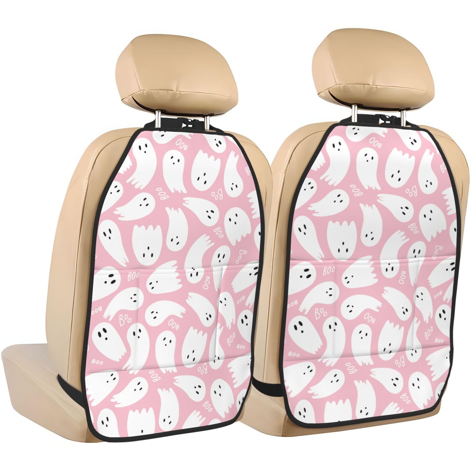 YANGDADA Pink Cute Ghost Car Kick Mats Back Seat Protector 2 Pack Auto Seat Back Covers with 3 Organizer Travel Accessories Universal Vehicle Interior