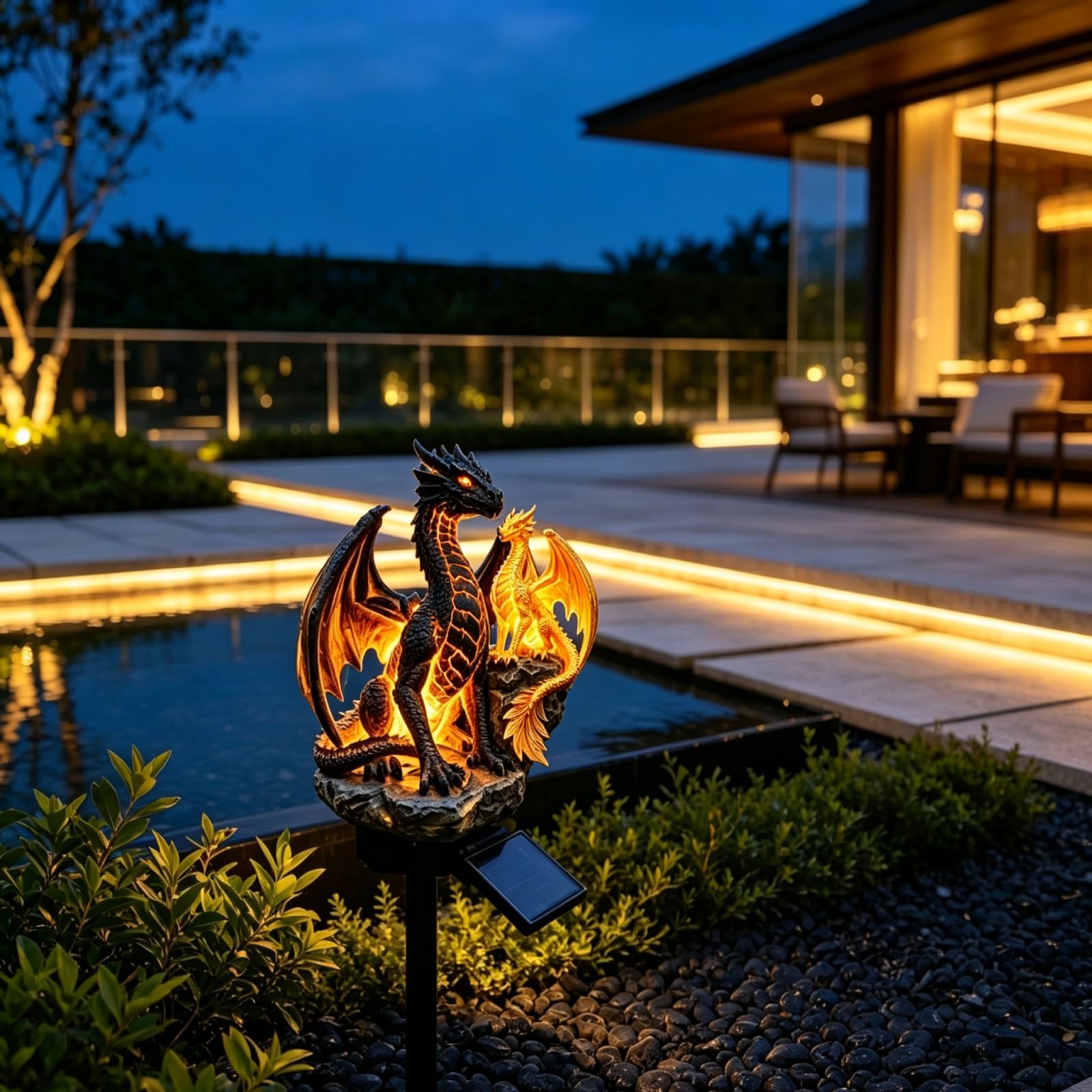 Solar Dragon Garden Statue, Gothic Resin LED Sculpture Outdoor Decor