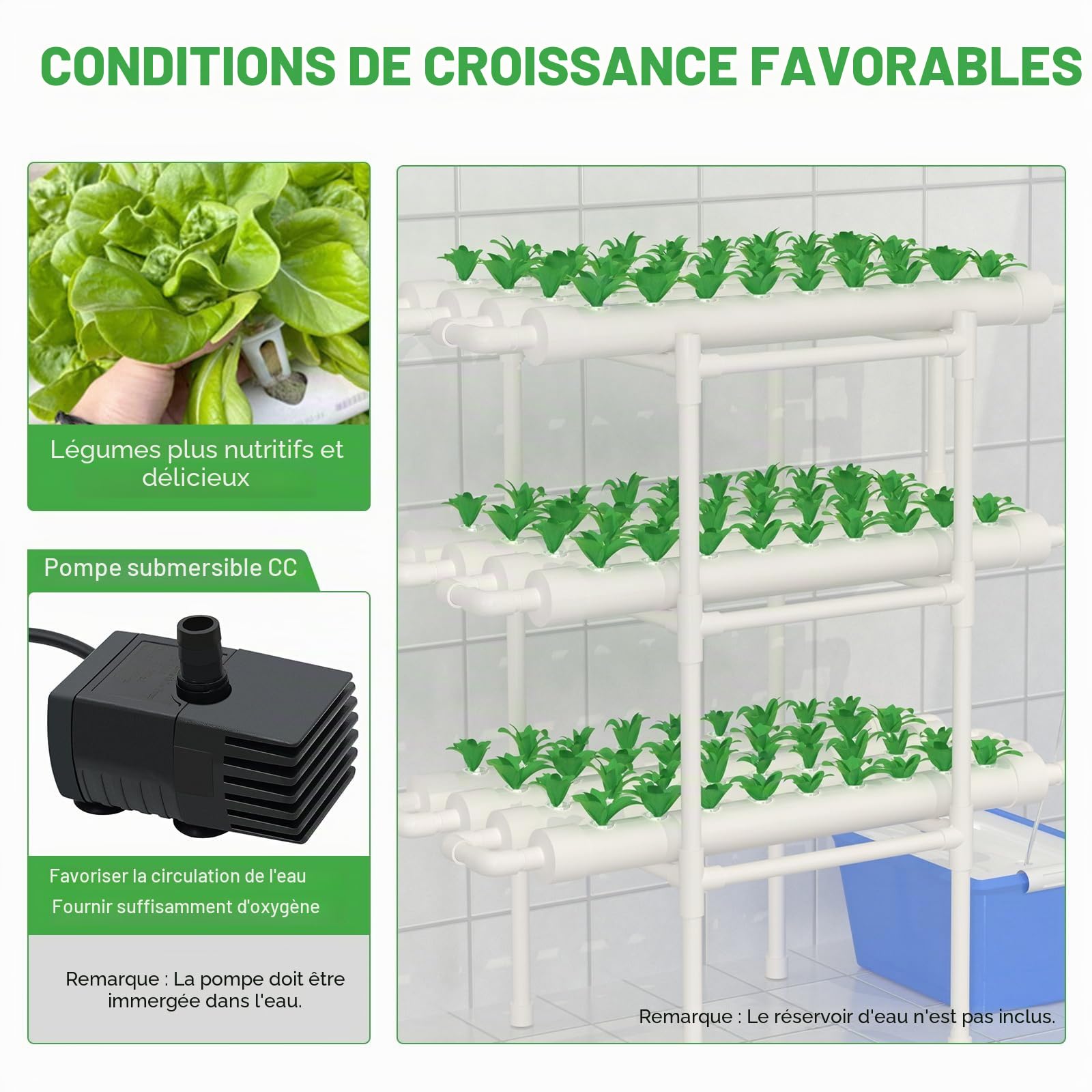 Kit de culture hydroponique 3 couches - 108 emplacements pour plantes - Système de jardinage hydroponique - Système de culture de plantes sans terre - Système de culture hydroponique végétale
