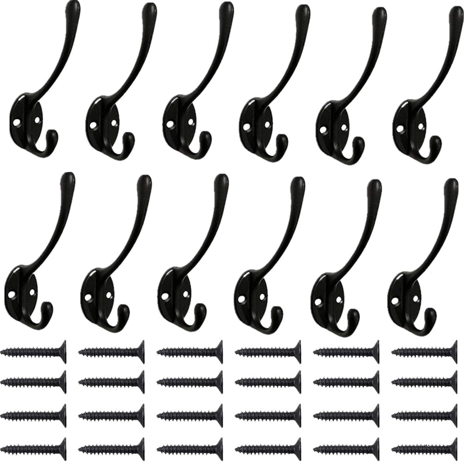 12pcs Black Coat Hooks Dual Coat Hooks Wall Mounted Metal