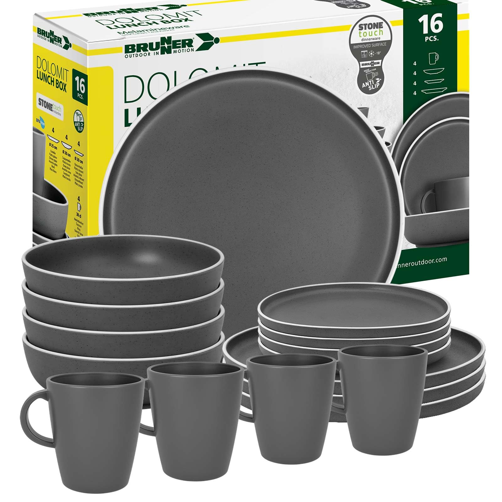 BRUNNER Camping-Geschirr-Set (12 16 oder 36-teilig) DOLOMIT Anthrazit | Antislip (Antirutsch), 2-4 Personen, wie Steingut (StoneTouch), Bruchfest, Stapelbar, Wohnmobil Wohnwagen Boot