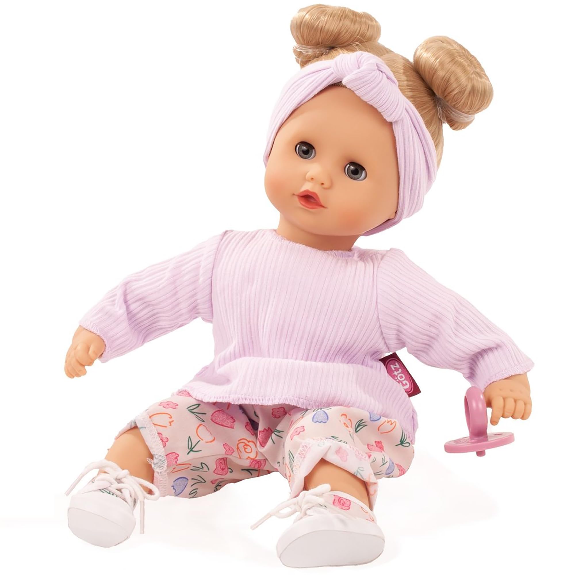 Götz 2320955 Muffin BliBlaBlume Puppe 33 cm Babypuppe Blaue Schlafaugen | 7-tlg, blonde Haare, Weichkörper, für Kinder ab 3 Jahren, frisierbar, waschbares Haar, mit Schnuller, Haarband und Sneakers