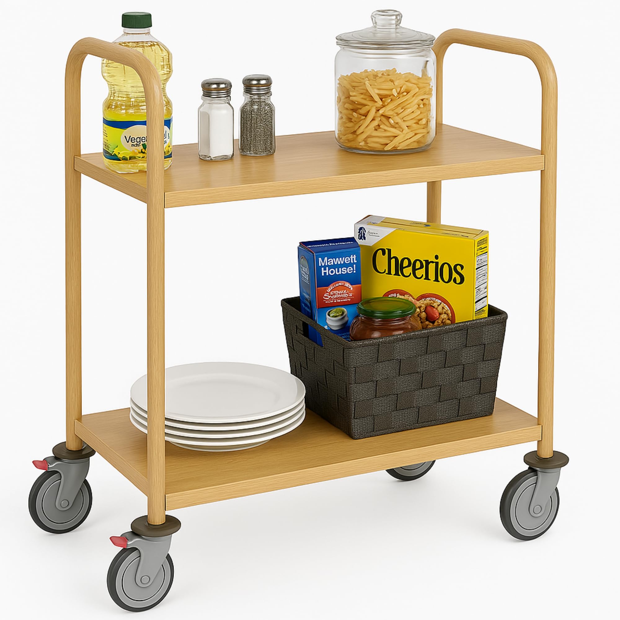Générique Carrello di servizio finto legno – 2 vassoi robusti 50 kg – ruote girevoli, struttura in acciaio inox – design elegante per ristoranti, hotel e ristorazione