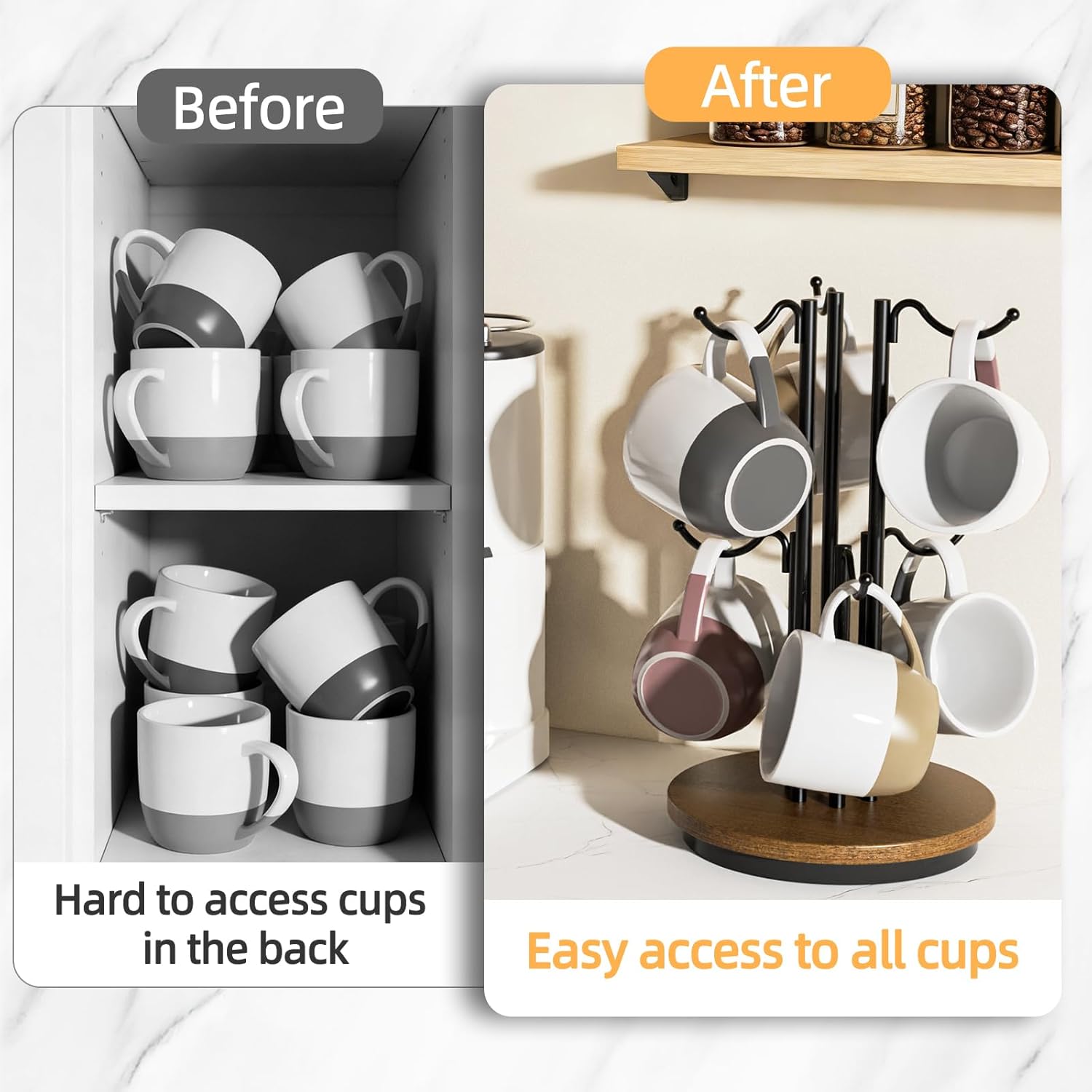 360° Rotating Coffee Mug Tree with 6 Hooks, Wooden Base Mug Holder Stand for Countertop, Space-Saving Kitchen Countertop Organizer for Cabinets & Coffee Bar Decor