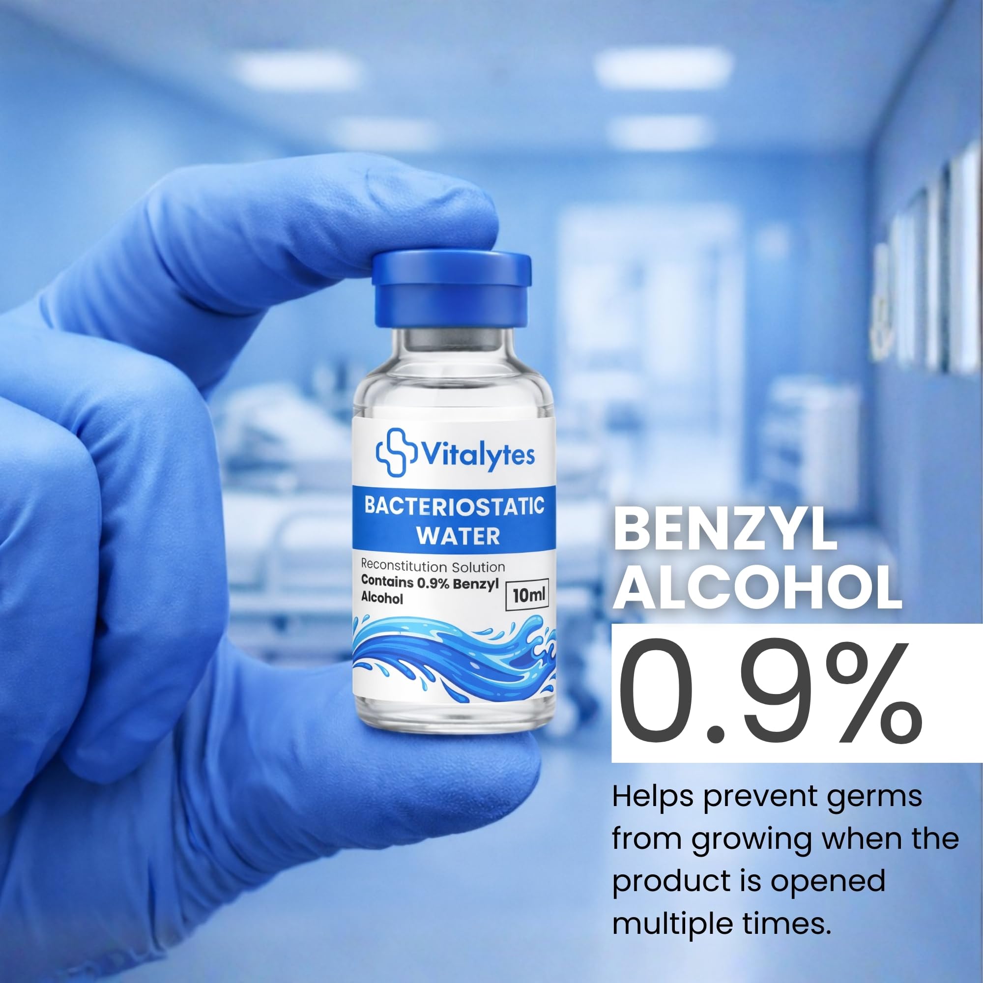 Vitalytes Acqua batteriostatica, 10 ml, soluzione di ricostituzione di laboratorio con alcool benzilico allo 0,9%, diluente sterile multiuso in flaconcino di vetro borosilicato