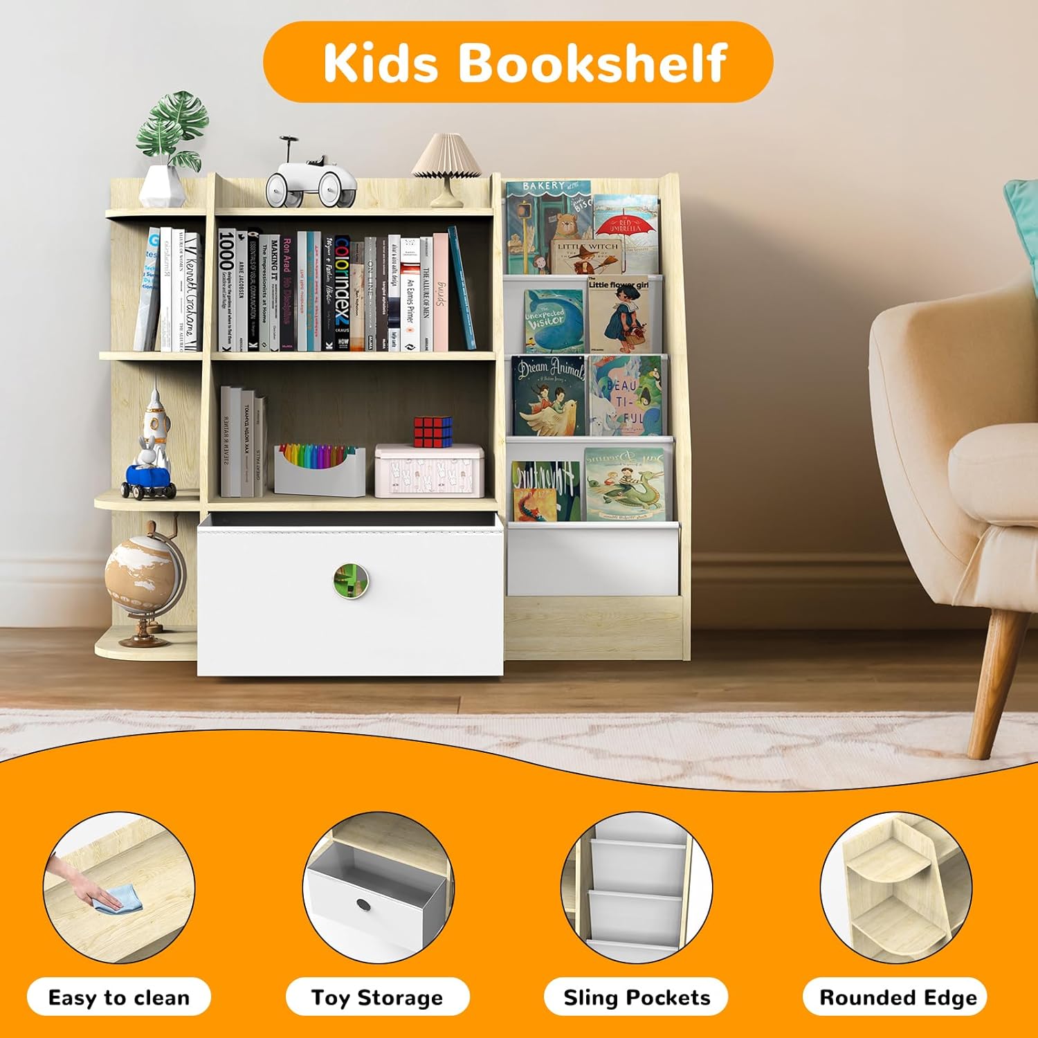 Kids Bookcase and Toy Storage,4 Tier Wooden Bookshelf,Large Toddler Bookshelf with Drawers,Open Bookcase & Storage Organizer Boxes for Nursery,Playroom, Bedroom.