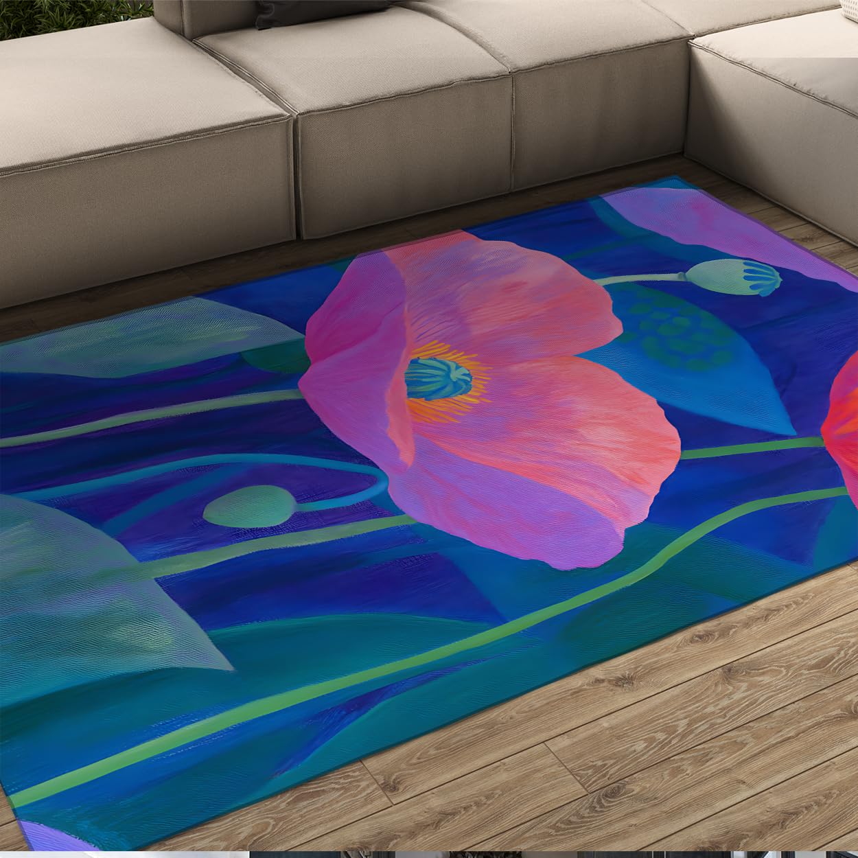 Tapis de salon bleu 140x200cm lavable pour une cuisine ou une chambre bohème chaleureuse