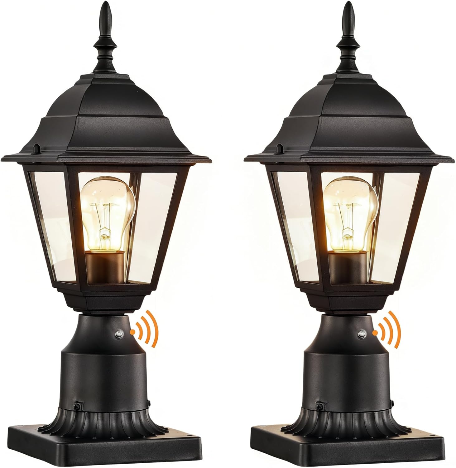 Dusk to Dawn Outdoor Post Lights 2-Pack - Waterproof Black Aluminum Lanterns with Photocell, Pier Mount Base & Clear Glass