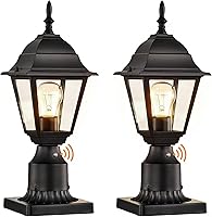 Dusk to Dawn Outdoor Post Lights 2-Pack - Waterproof Black Aluminum Lanterns with Photocell, Pier Mount Base & Clear Glass