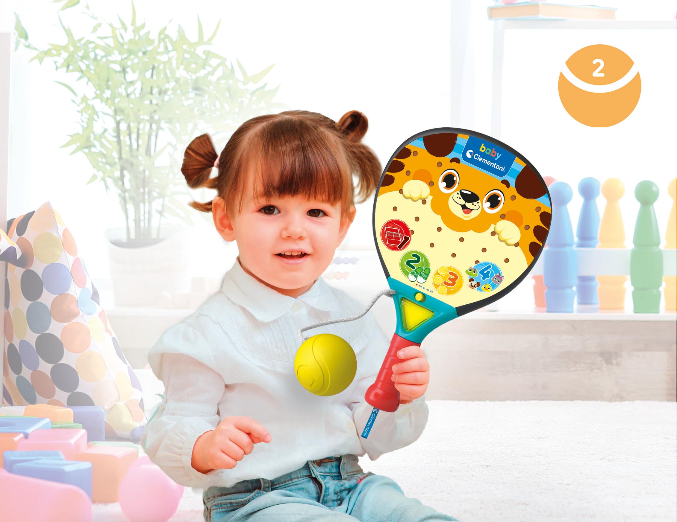 Clementoni Baby Raqueta Interactiva Baby Padel - Juguete Musical para Bebé con Luces, Sonidos y Sensor de Movimiento, Multilingüe, Niños +12 Meses