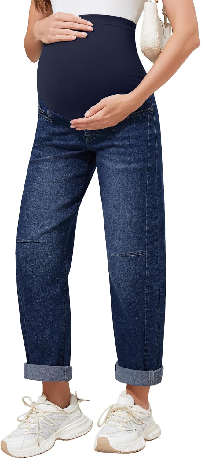 PACBREEZE Women's Maternity Jeans Over Belly Barrel Loose Denim Jeans Pregnancy Pants