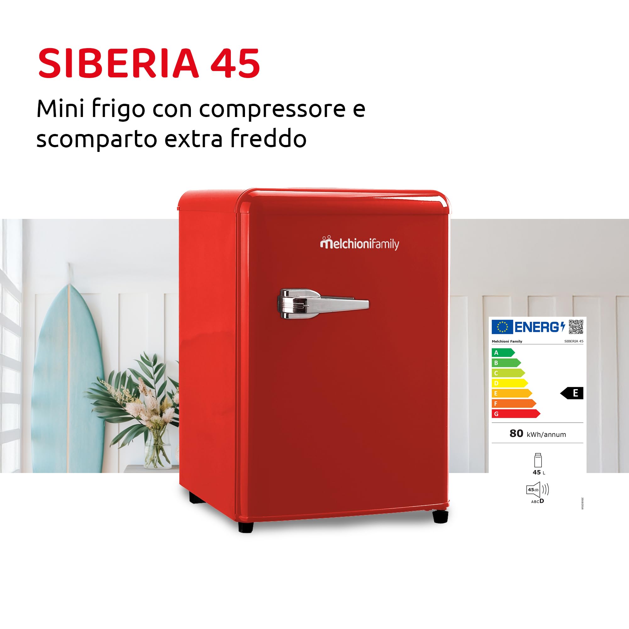 Melchioni Family | Frigorifero Siberia 45, Mini Frigo Vintage Rosso, Capacità da 45L, con Compressore e Comparto Extra Freddo