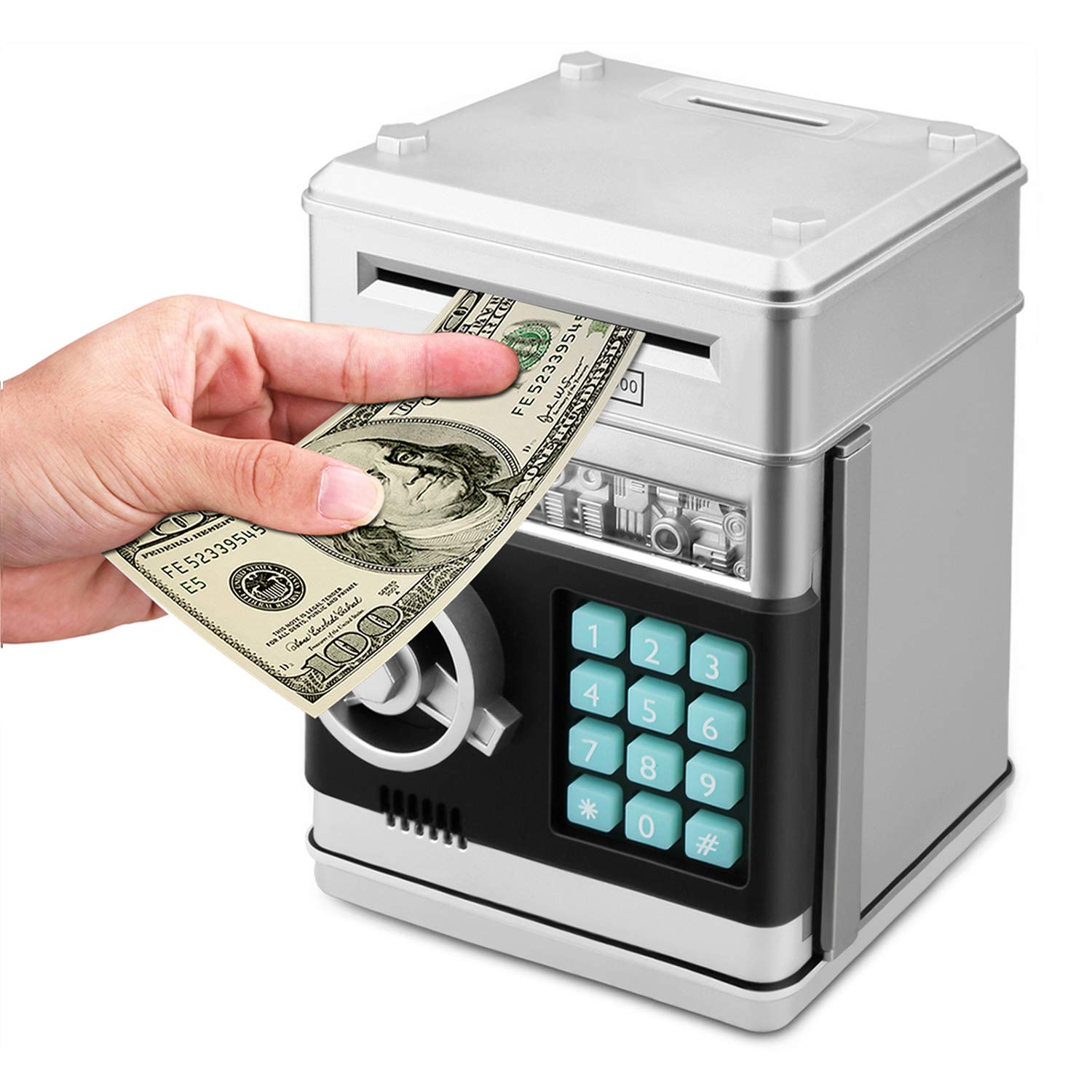 Adsoner Toy Piggy Bank, Electronic ATM Password Cash Coin Can Auto Scroll Paper Money Saving Box Gift for Kids (Silvery)