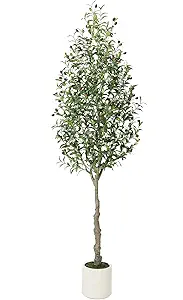 Artificial Olive Tree 7FT Tall Faux Olive Tree Indoor Fake Silk Plant with Realistic Trunk, Leaves, Fruits and White Planter, Faux Potted Tree for Home Decor and Housewarming Gift, 1 Pack