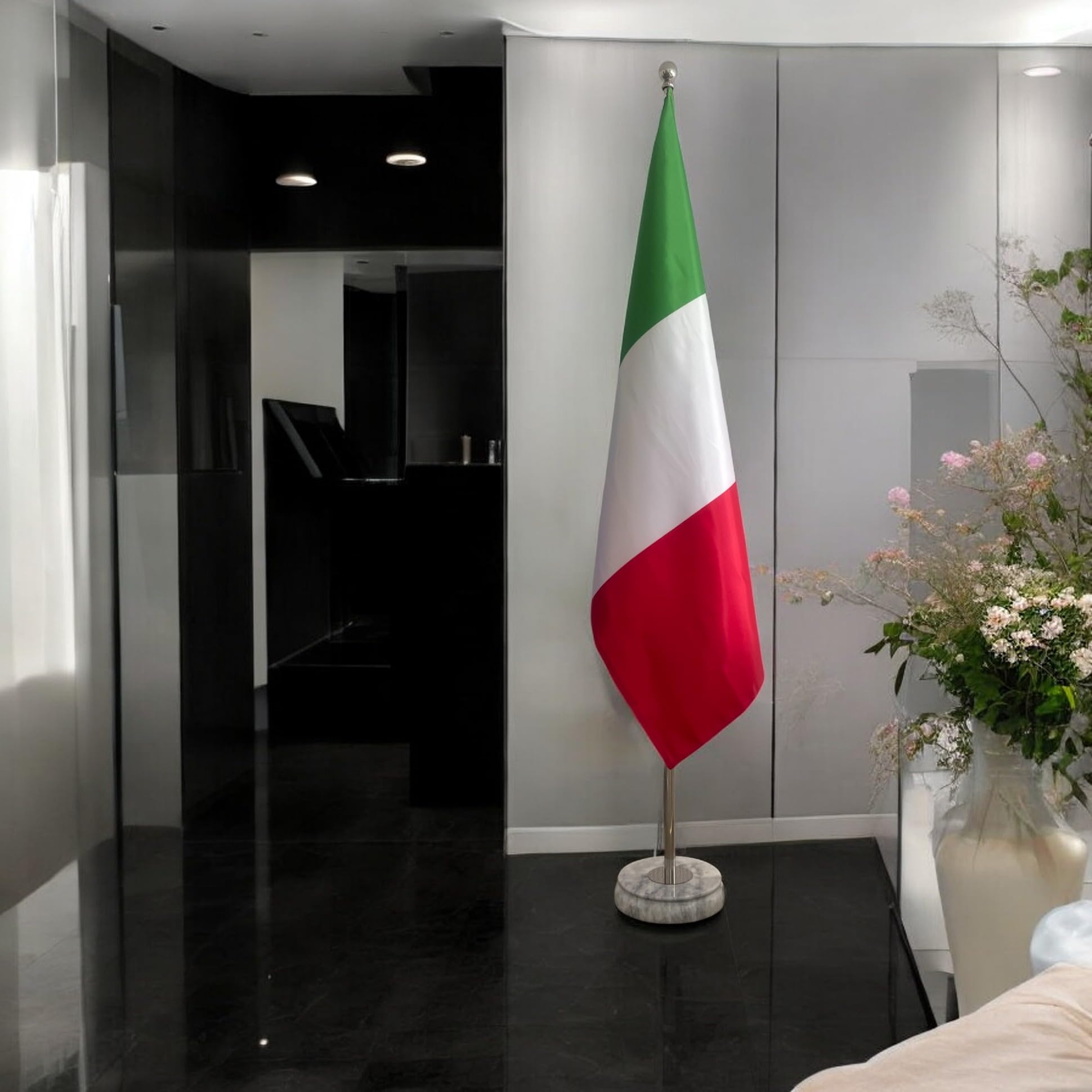 CN11-IT ITALIEN-Flagge Komplett-Set mit Fahnenmast und Fuß aus weißem Marmor, Edelstahlmast (Silber glänzend), Höhe max. 3,0 m