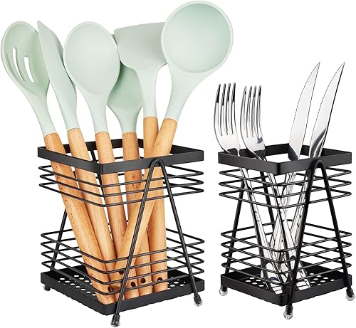 Soporte para utensilios para encimera de cocina, soporte rectangular negro mate, soporte para espátula, organizador de utensilios de cocina de