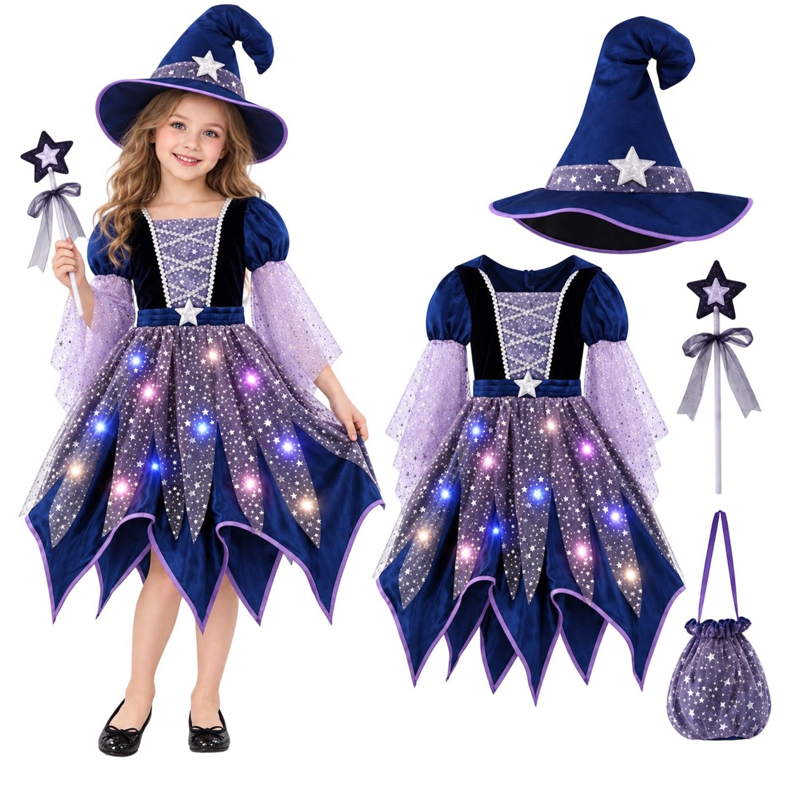 Girls Witch Costume For Baby Kids Childrens Childrens Witch Halloween Costumes Cosplay Fancy Dress Set Witches Outfits Witches Dresses With Hat, Bag And Magic Wand 4 Piece Set, For Carnival Party