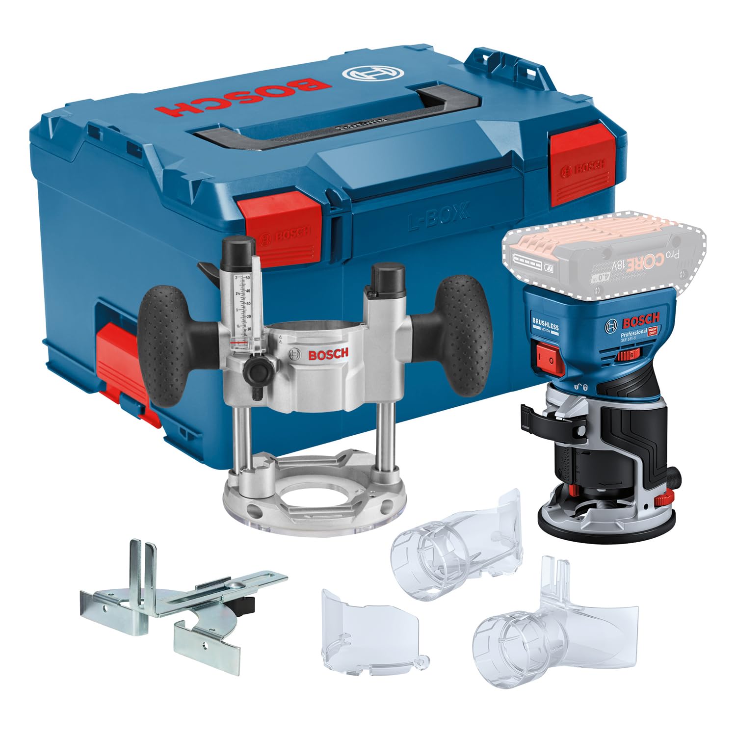 Bosch Professional 18V System Cordless Router GKF 18V-8 (incl. Parallel Guide, 2X vac adaptors, chip Shield, 8mm Collet, 2X Plunge Base vac adaptors, L-BOXX)
