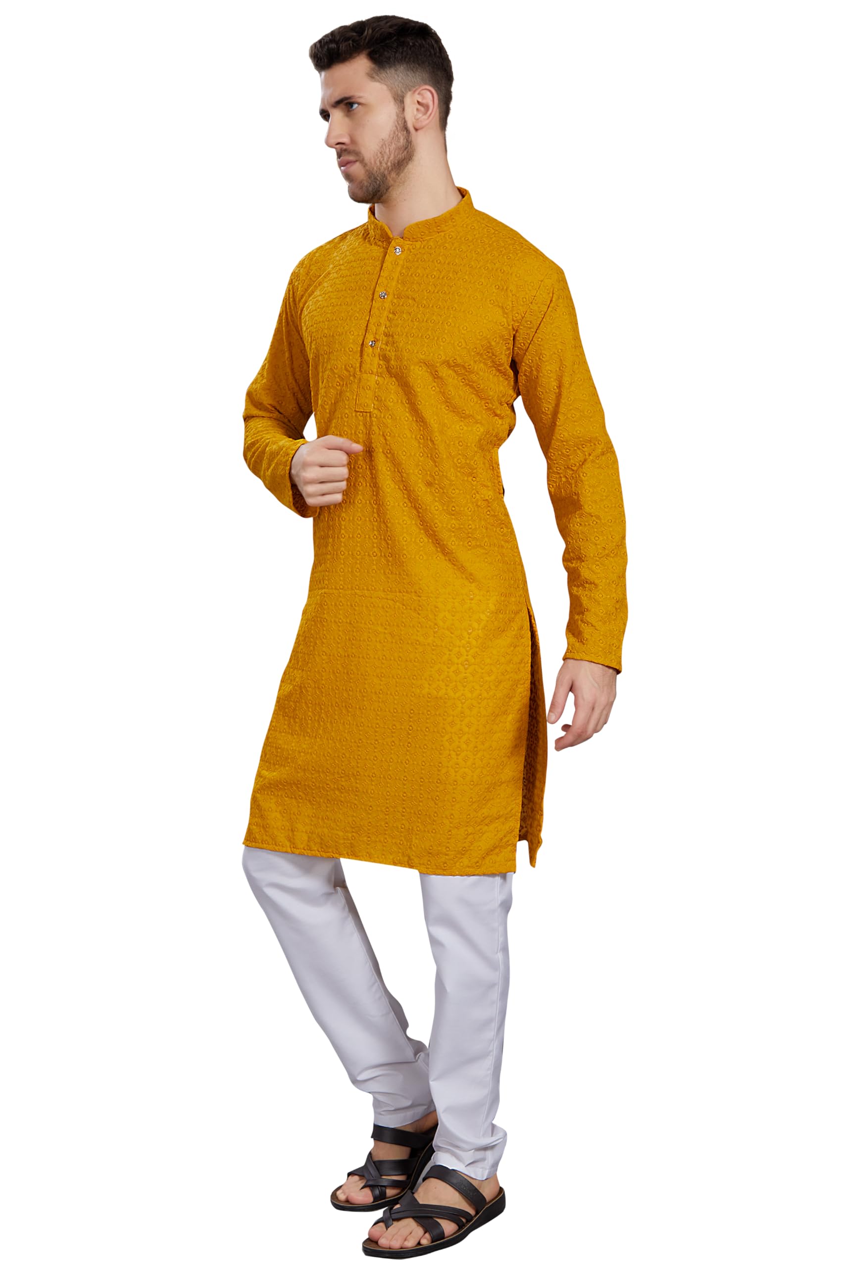 Divisive Men's Thread Embroidered Cotton Blend Only Slim Fit Kurta (Dkrt785_S_Yellow)