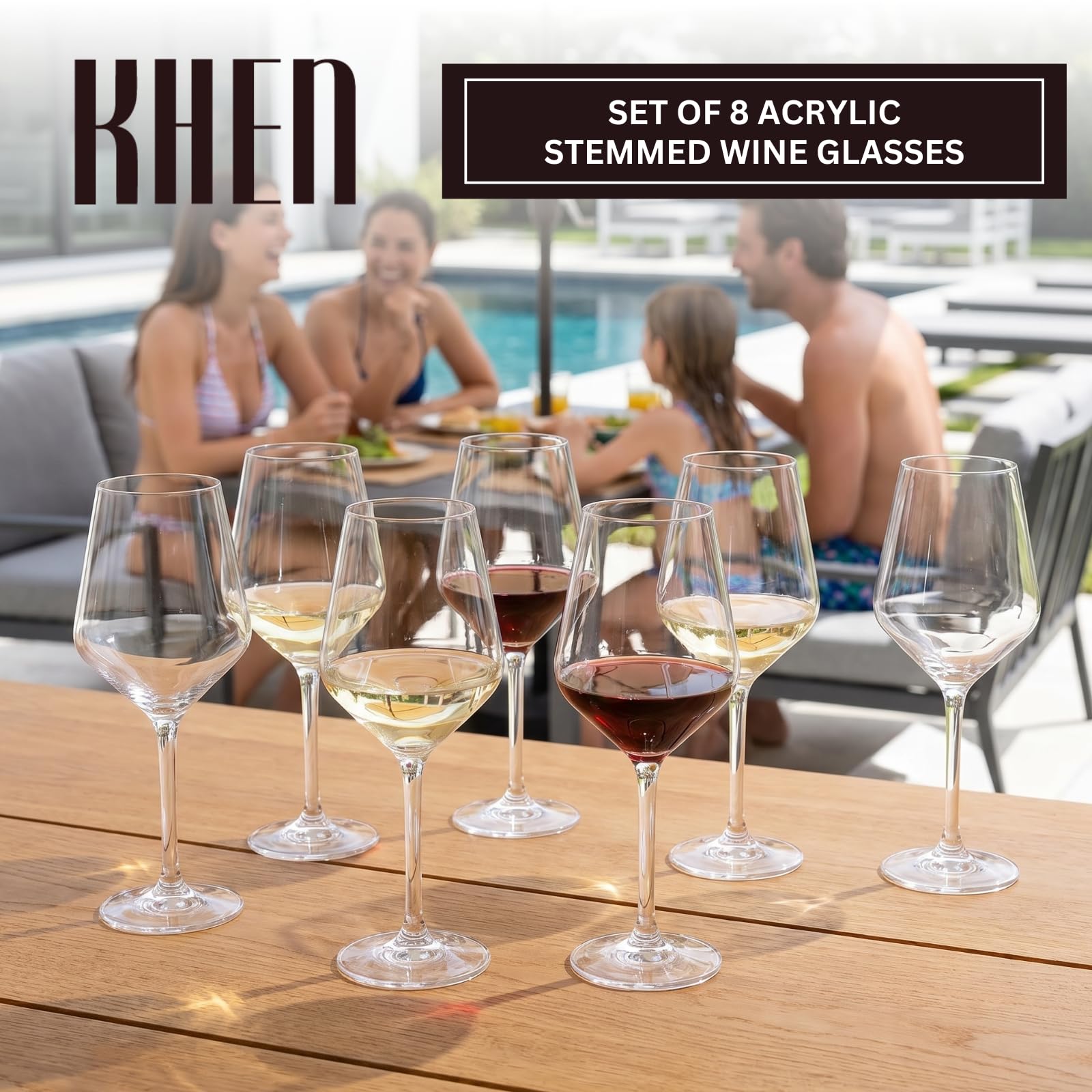 Khen Copas de vino irrompibles con tallo, acrílico Tritan | Juego de 8 | Vasos de cristal de estilo europeo, 18 onzas con tallos aptos para lavavajillas, plástico inastillable, sin BPA, reutilizable,