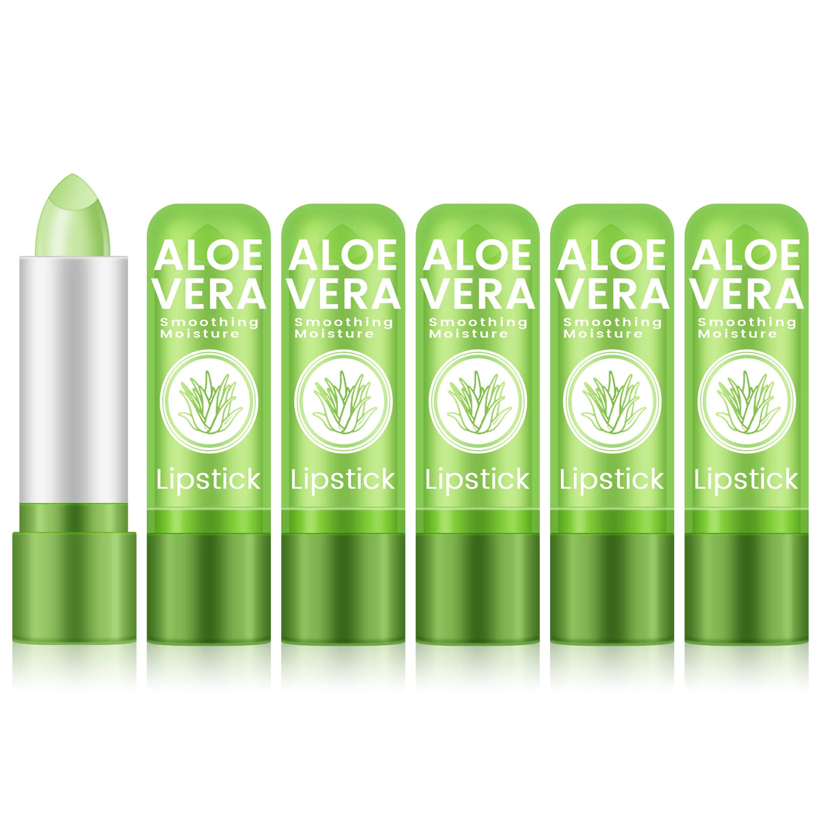 Ownest 5 Pcs Aloe Vera Lip Balm, PH Color Changing Lipstick, Change from Green to Natural Pink, Deep Hydrating Tinted Lip Balm, Daily Lip Moisturizer for Dry Cracked Lips, with Real Aloe Vera Aloe Vera, 5 Pcs