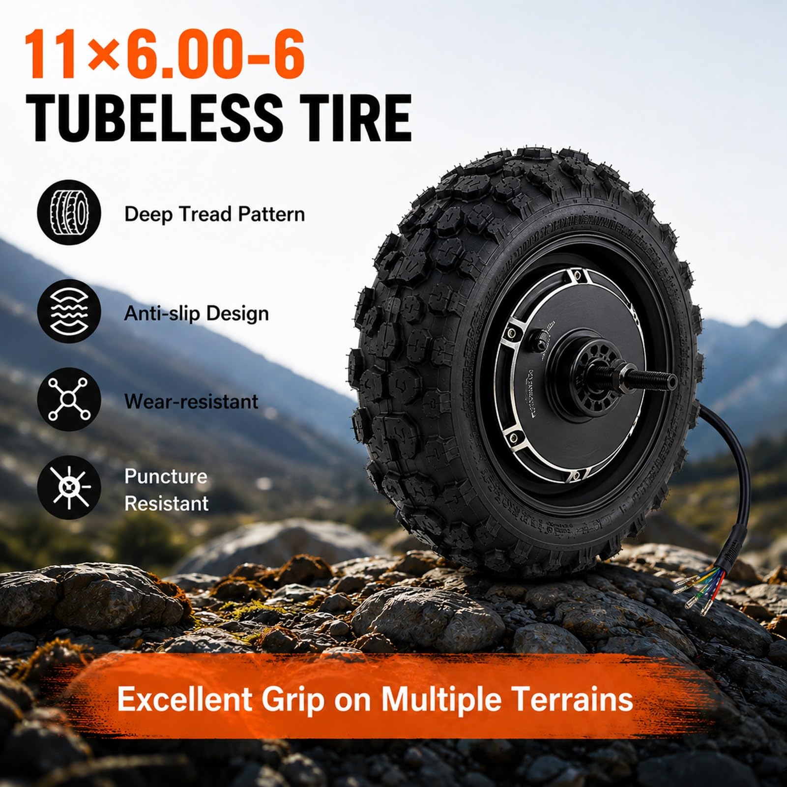 Motore Brushless per Monopattino,Ruota Tubeless 11x6.00-6 | Motore mozzo senza ingranaggi con larghezza forcella 150mm,protezione IPX6 e robusta costruzione in alluminio