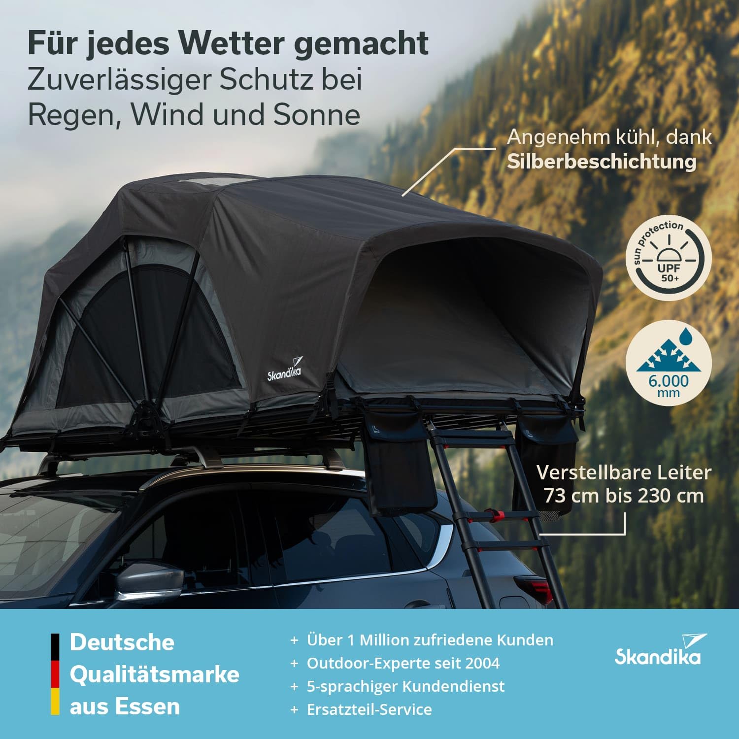 Skandika Dachzelt Skyland 2 Sleeper | Autodachzelt für 2 Personen, Autozelt mit Matratze, Schwarze Schlafkabine, feuerhemmend, wasserfest 6000 mm, mit Moskitonetz, UPF 50+ | Auto Zelt für PKW SUV Bus