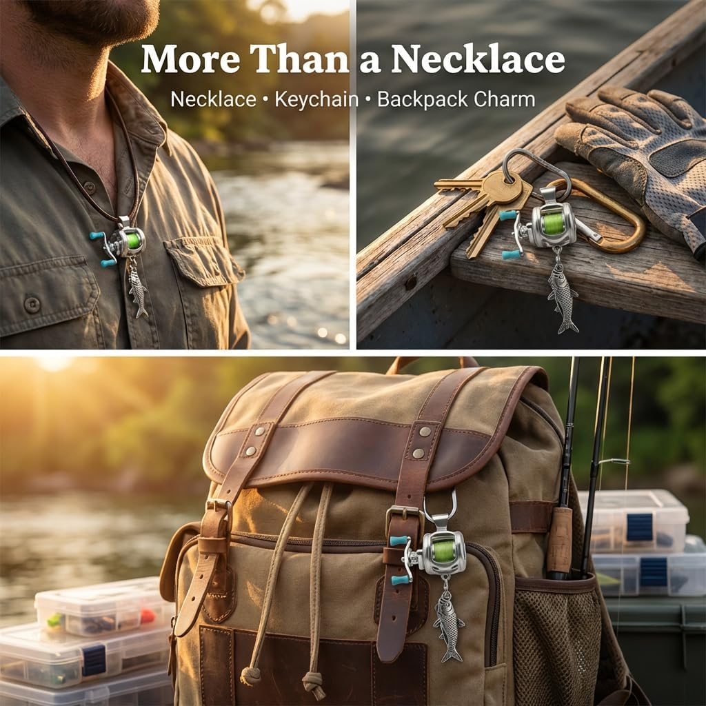 Fishing Reel Necklace, Mini Fishing Reel Necklace for Men with Rotating Handle, Silver Fish Necklace Pendant