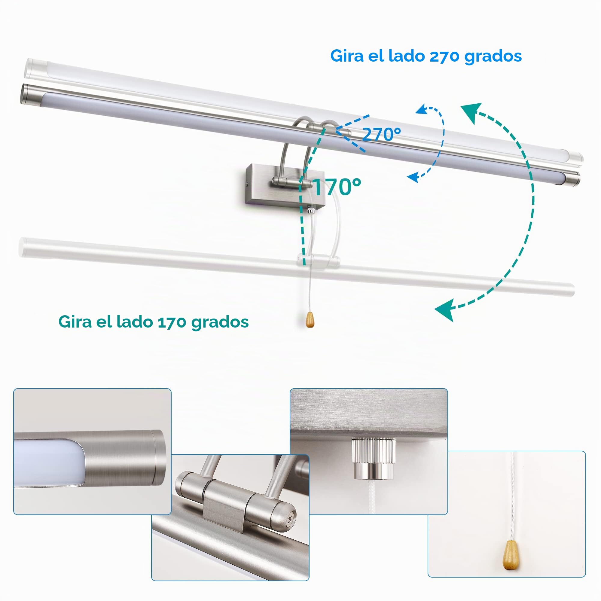 MantoLite LED Lámparas de Pared 16W,Interior Iluminación para cuadros y expositores Con Cabeza de Lámpara Giratoria e Interruptor,Baño Espejo Apliques de Pared 90CM 3000K Luces de Lectura(Níquel)